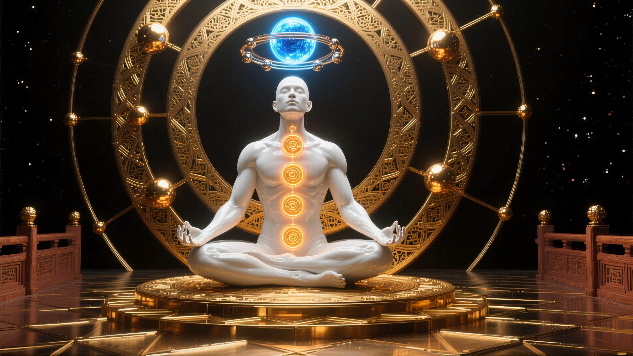 White figure meditating with glowing chakras on an ornate golden platform under a hovering blue sphere against a cosmic backdrop.