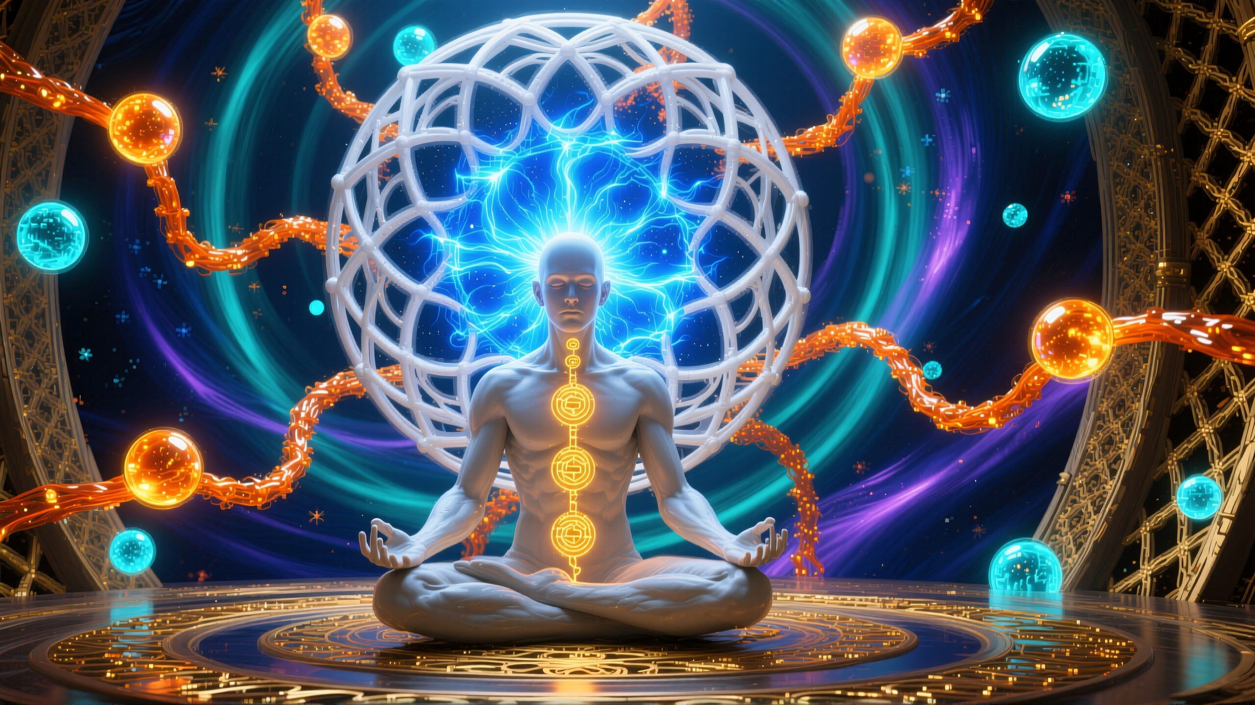A person in meditation surrounded by cosmic design and energy elements.