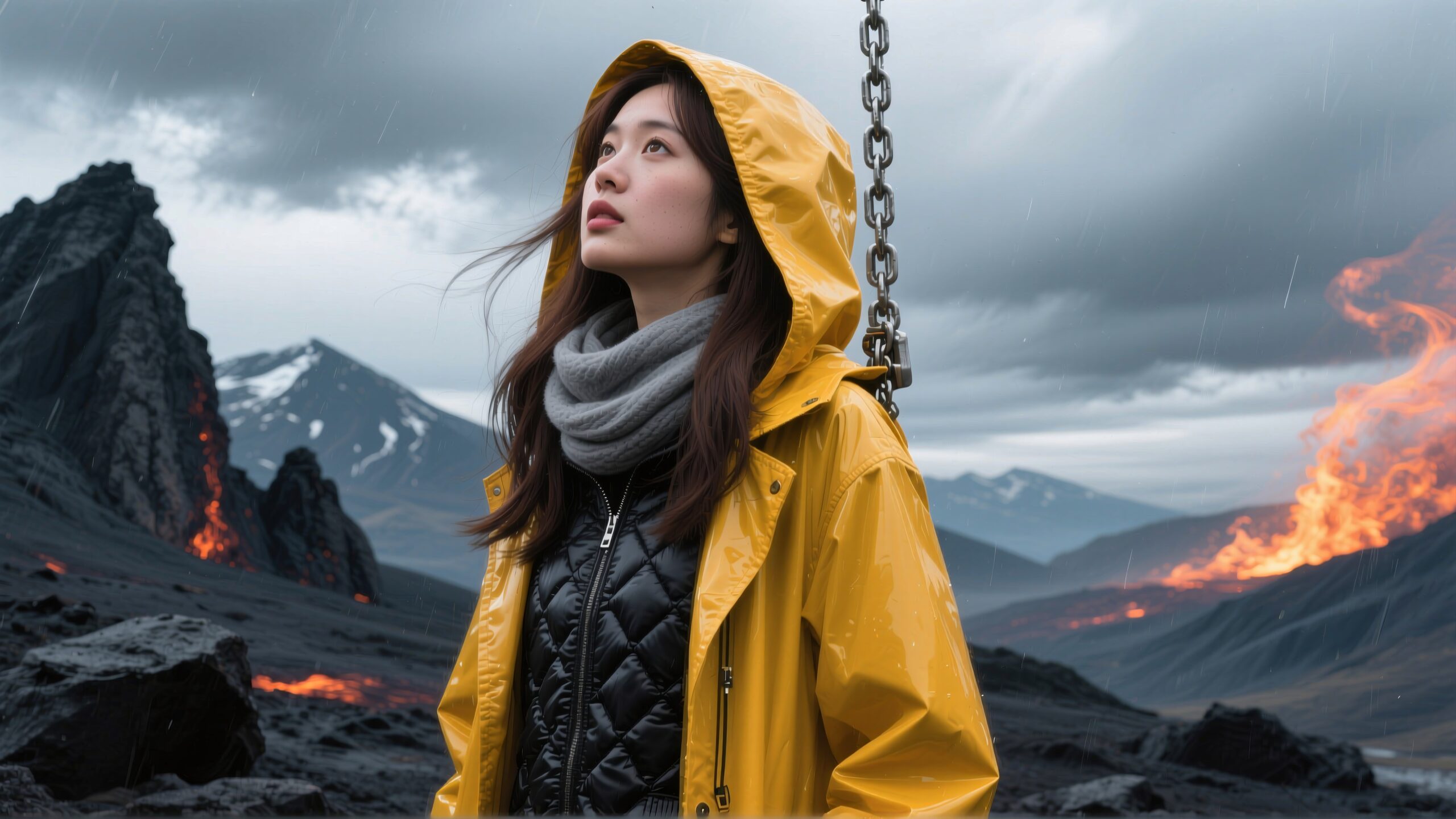 Woman in yellow raincoat stands in a volcanic landscape with lava flows, under a stormy sky.