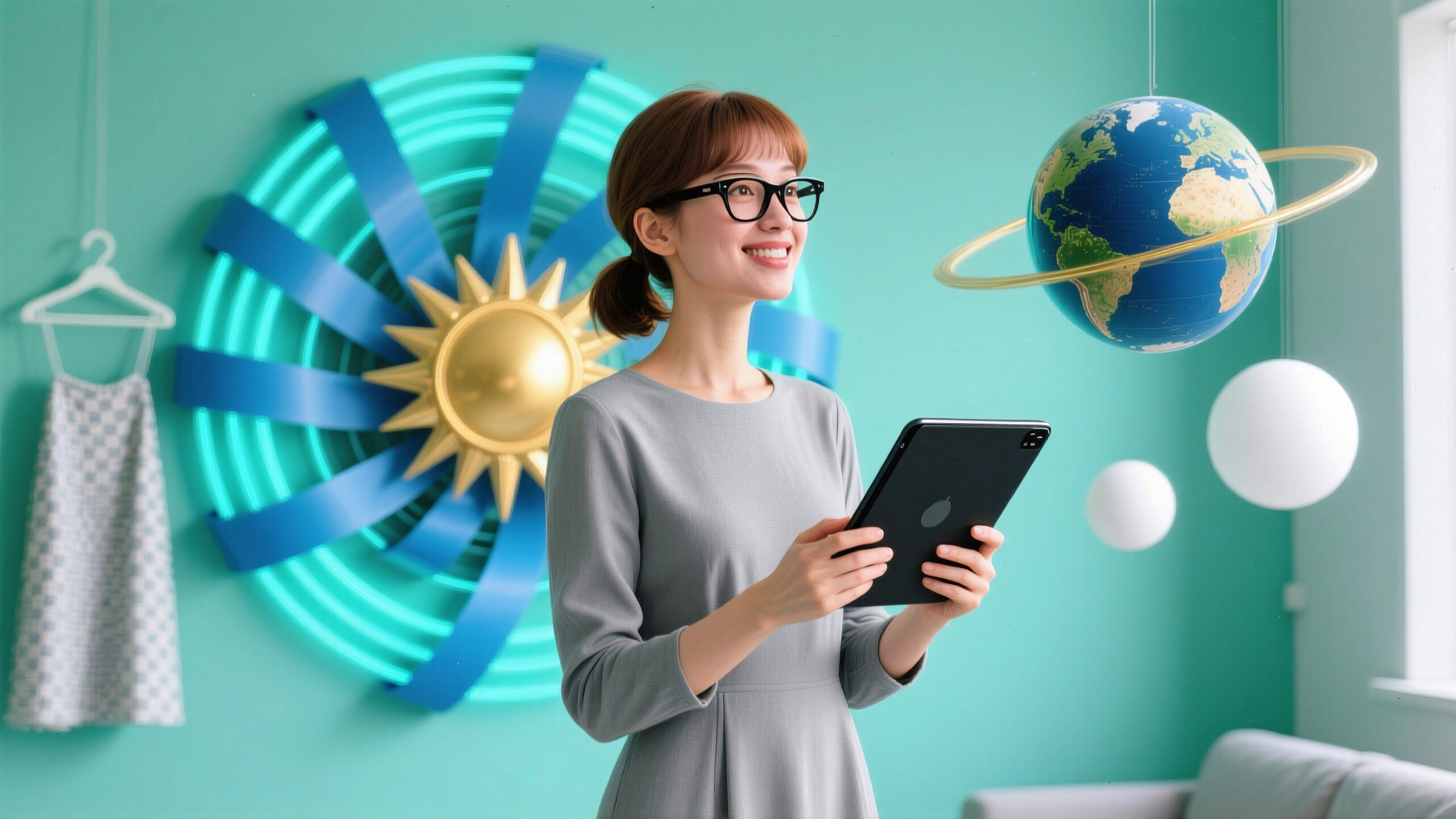 Woman smiling with a tablet in a creatively decorated turquoise room.