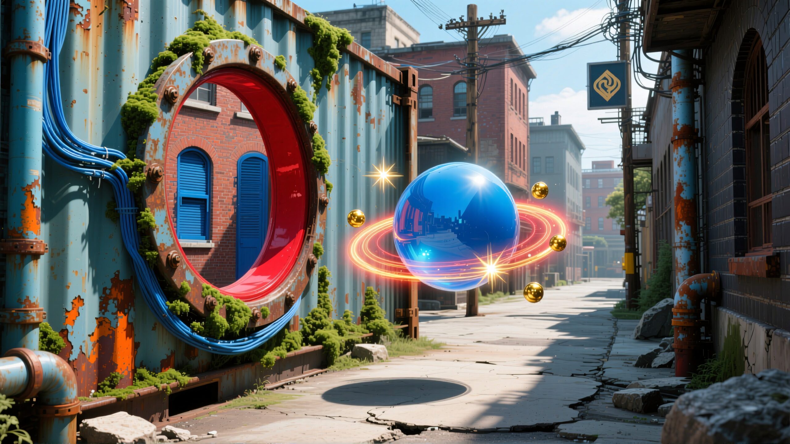 A surreal urban alley featuring a glowing blue orb with golden rings.