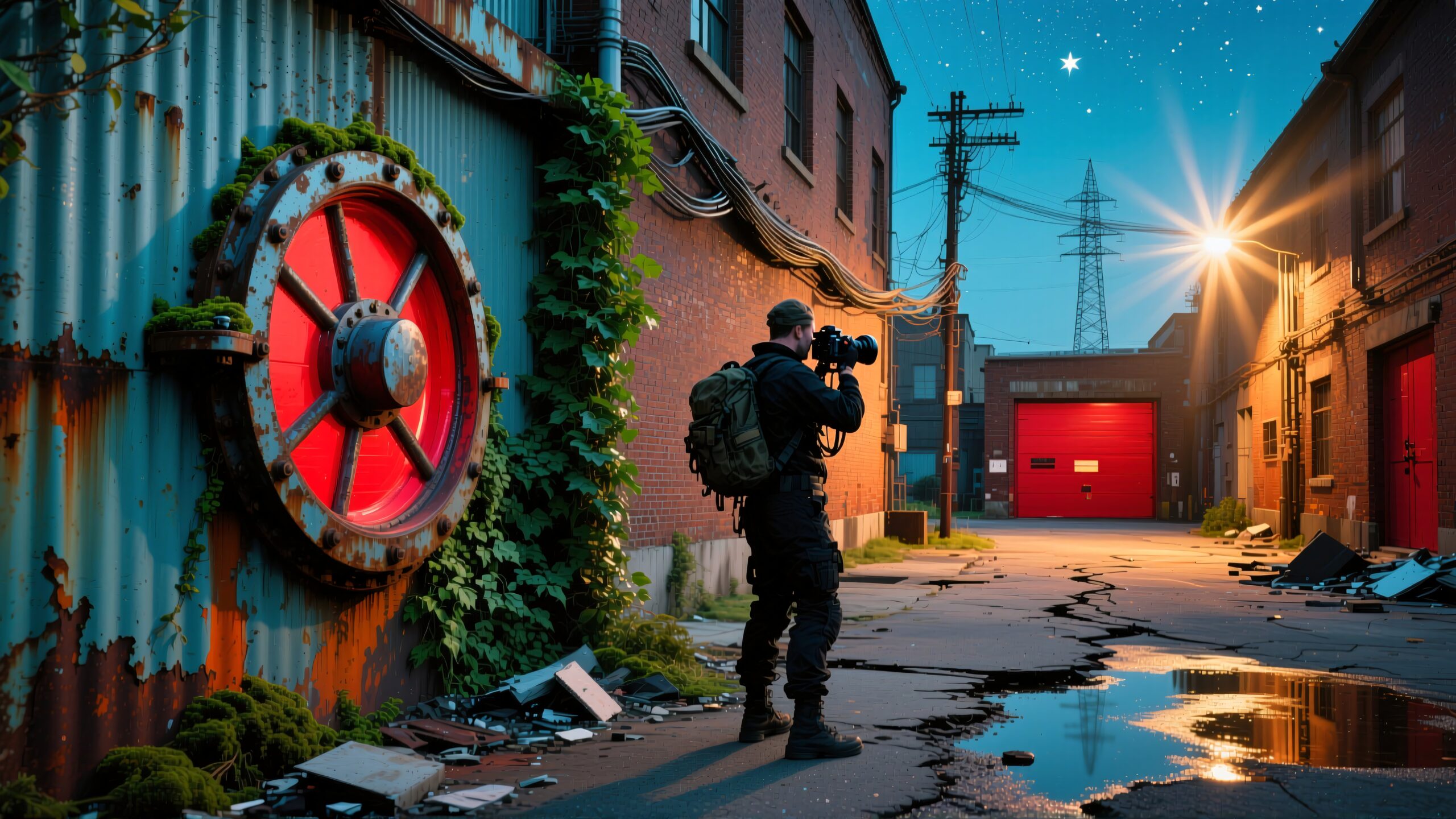 A photographer in tactical gear captures a nighttime urban scene with industrial elements, reflective surfaces, and a starry sky.