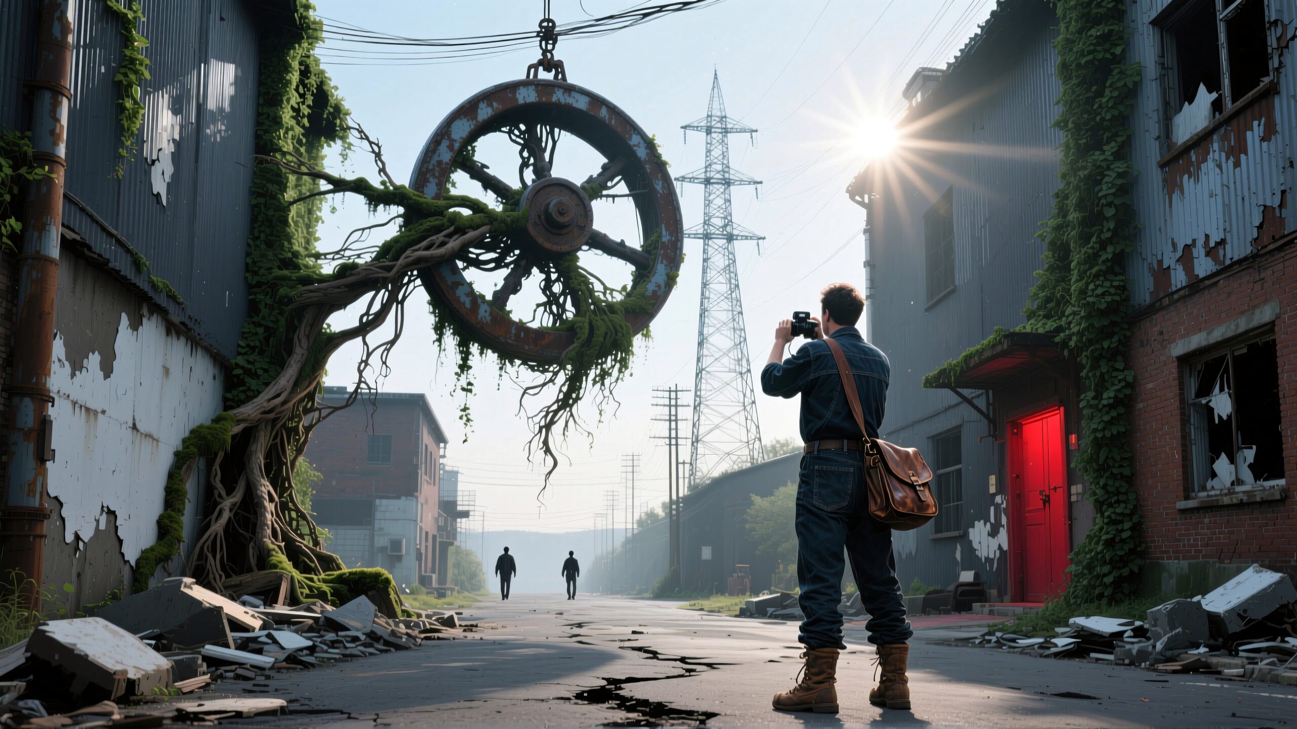 A photographer captures an overgrown urban street with a rusted wheel entwined with roots, evoking nature reclaiming the abandoned scene.