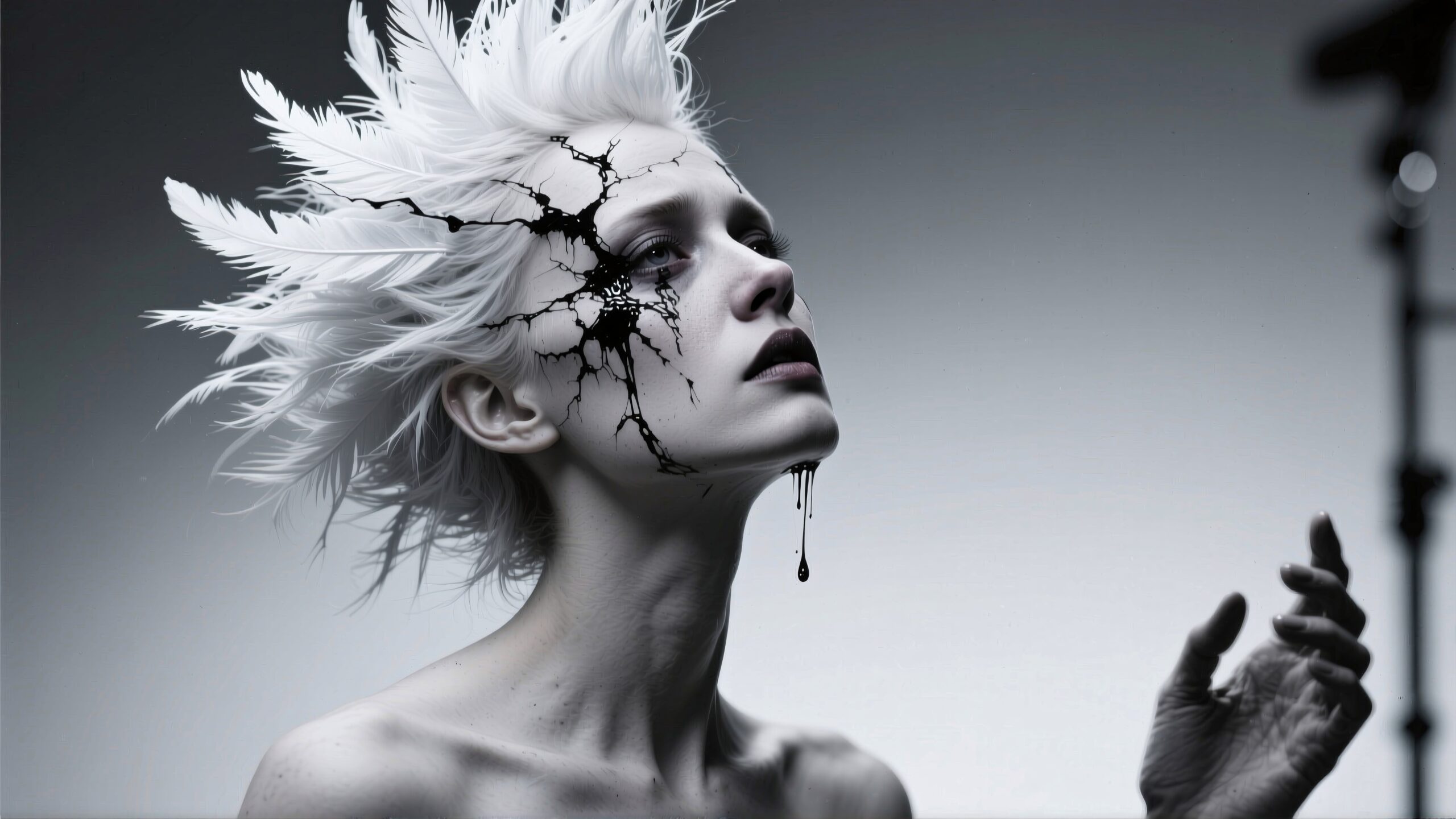 A captivating fantasy portrait featuring a pale figure with striking white hair and black cracks on their face, exuding an ethereal and artistic allure.