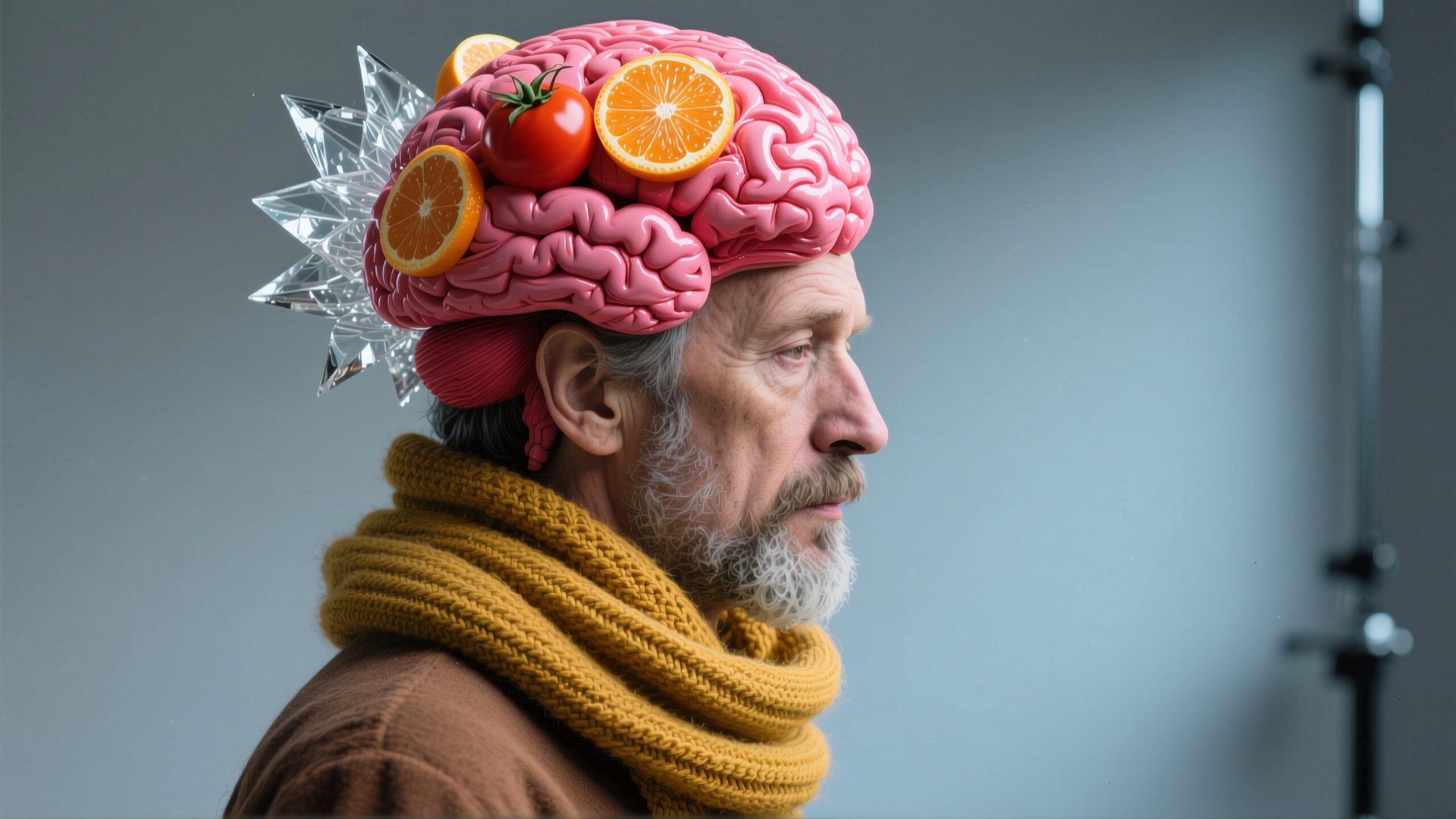 A man wearing a surreal brain helmet with fruits and geometric crystals.