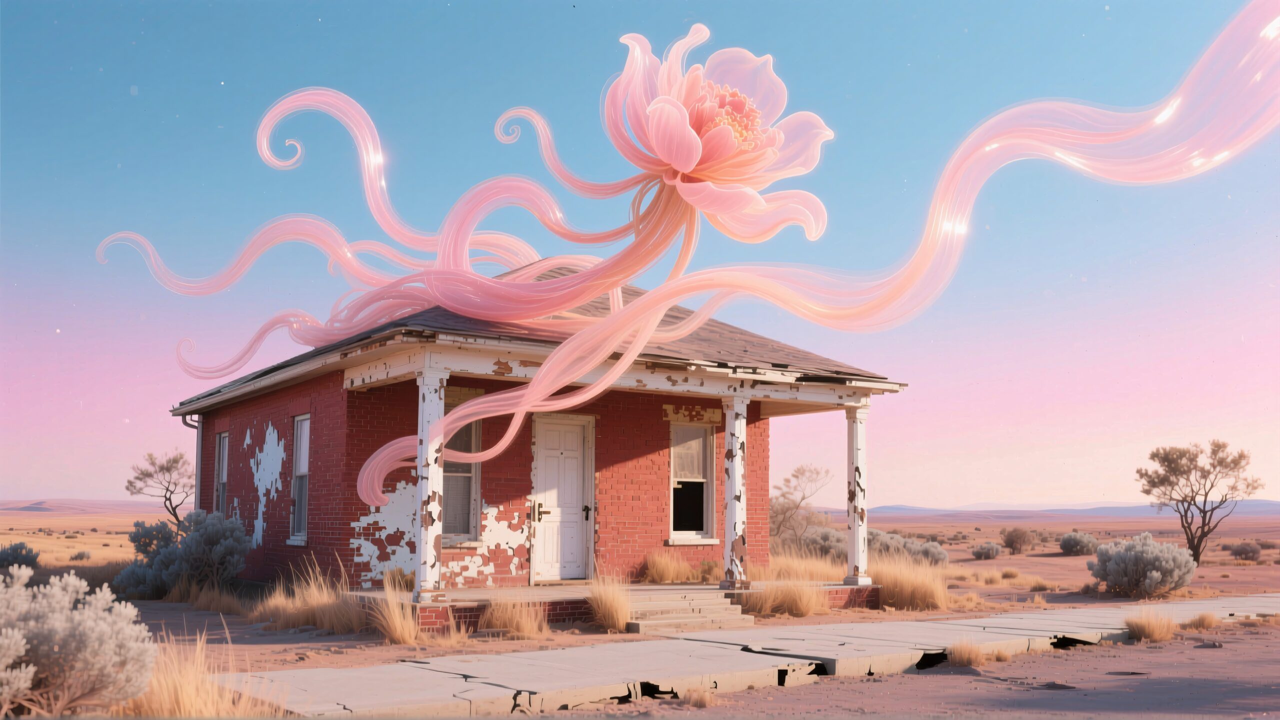 A weathered house in the desert with a large, ethereal flower sprouting from its roof under a clear blue sky.