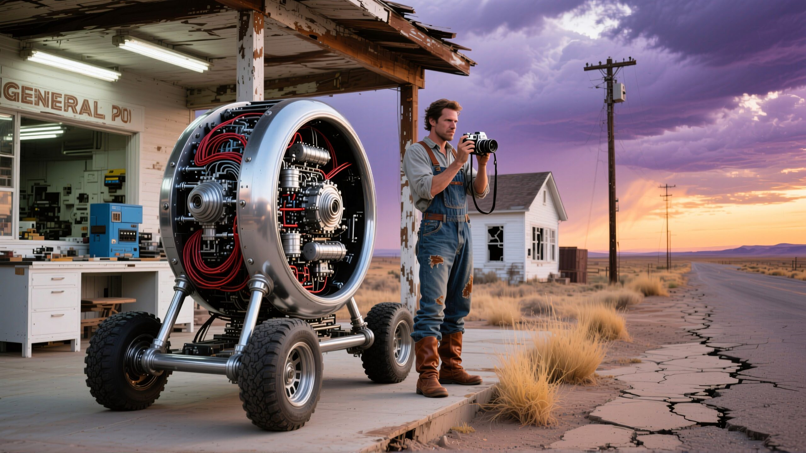 A man photographs a futuristic machine outside a vintage desert store at sunset.
