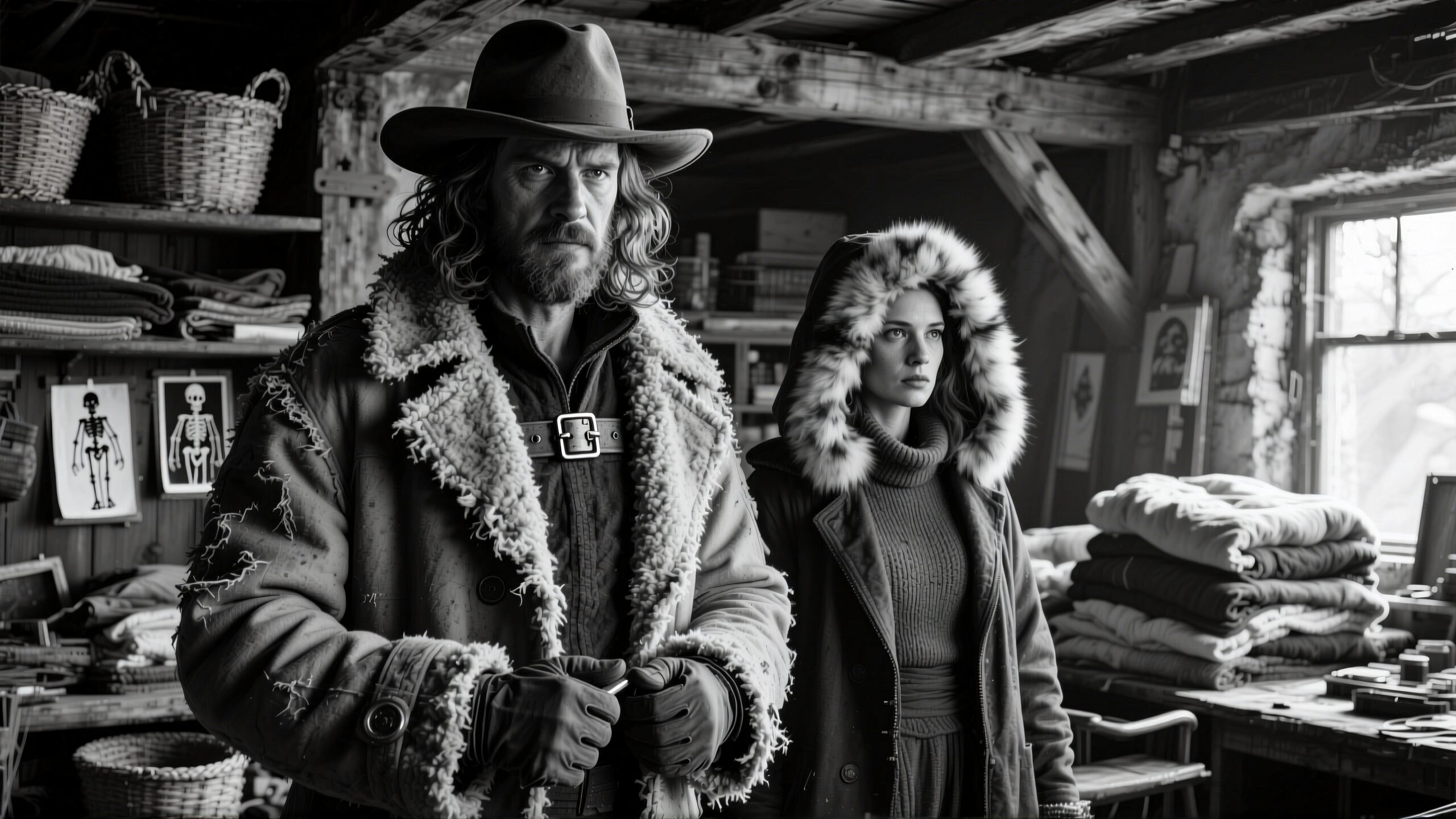 Two people in coats stand in a rustic room with baskets, blankets, and vintage decor.