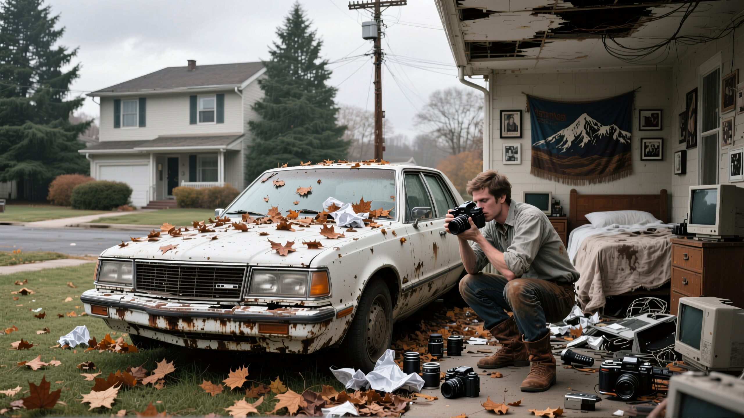 A photographer capturing a vintage car amid autumn leaves in a suburban setting.