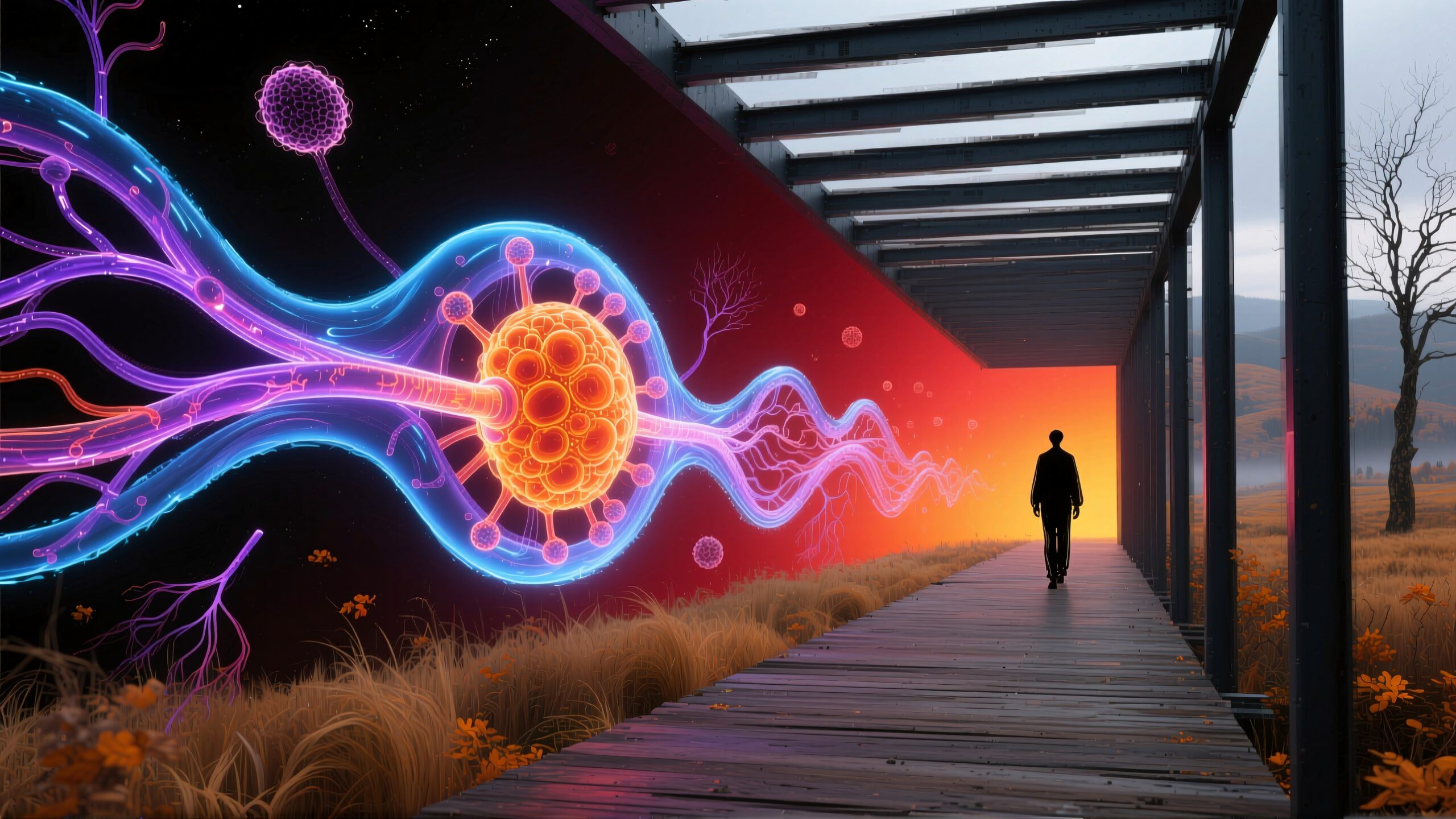 A person walking through a futuristic corridor with glowing neon patterns on the walls and vibrant natural surroundings.