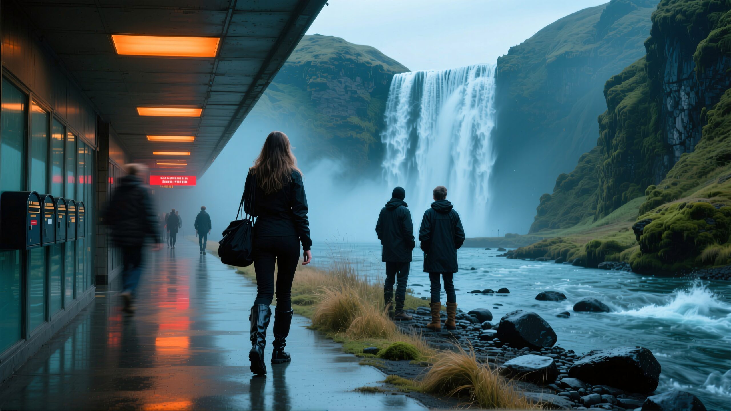 A vibrant scene of people walking along a modern walkway near a powerful waterfall surrounded by lush greenery.