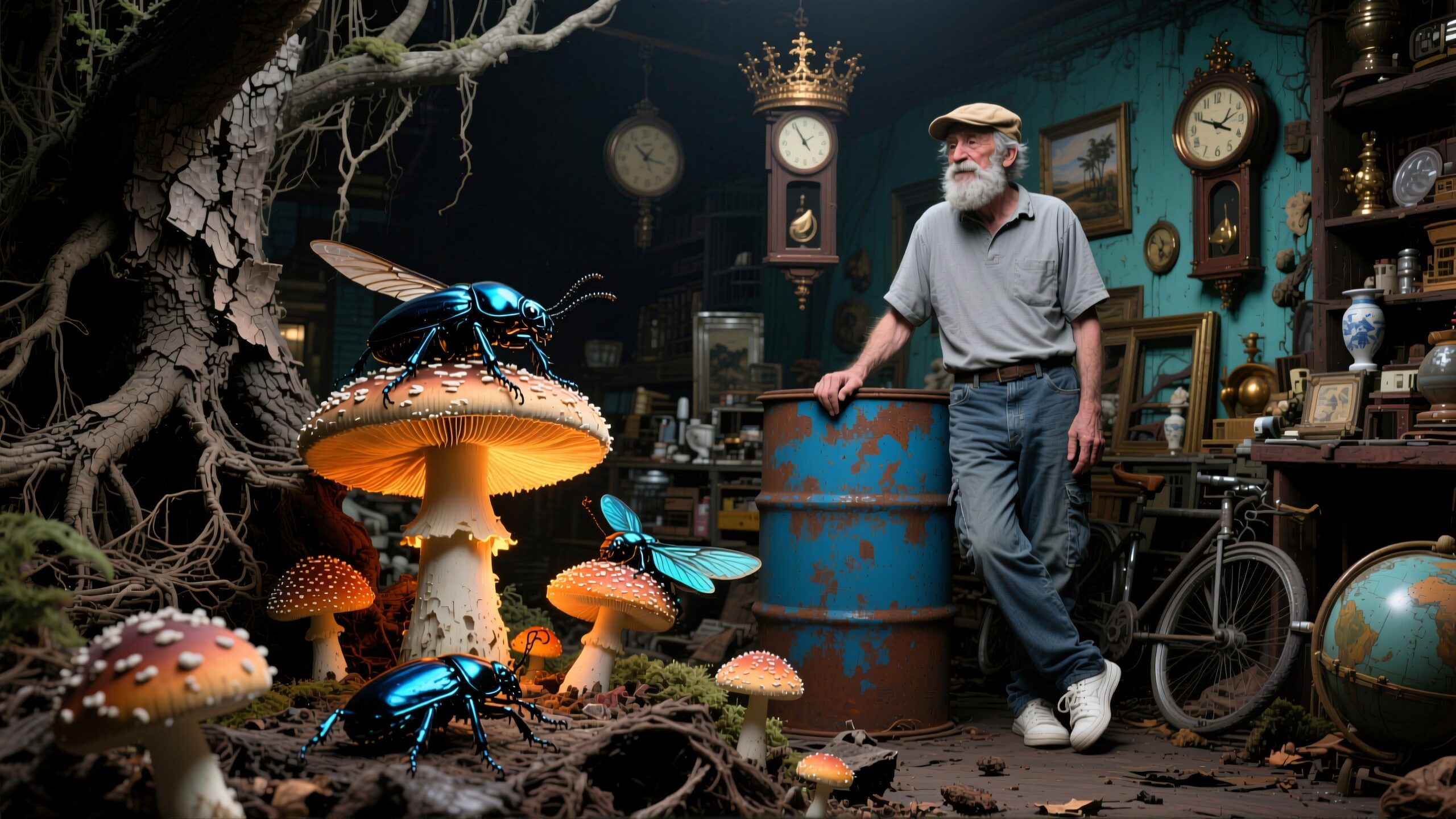 A bearded man in a room with antique clocks and glowing mushrooms hosting metallic beetles.