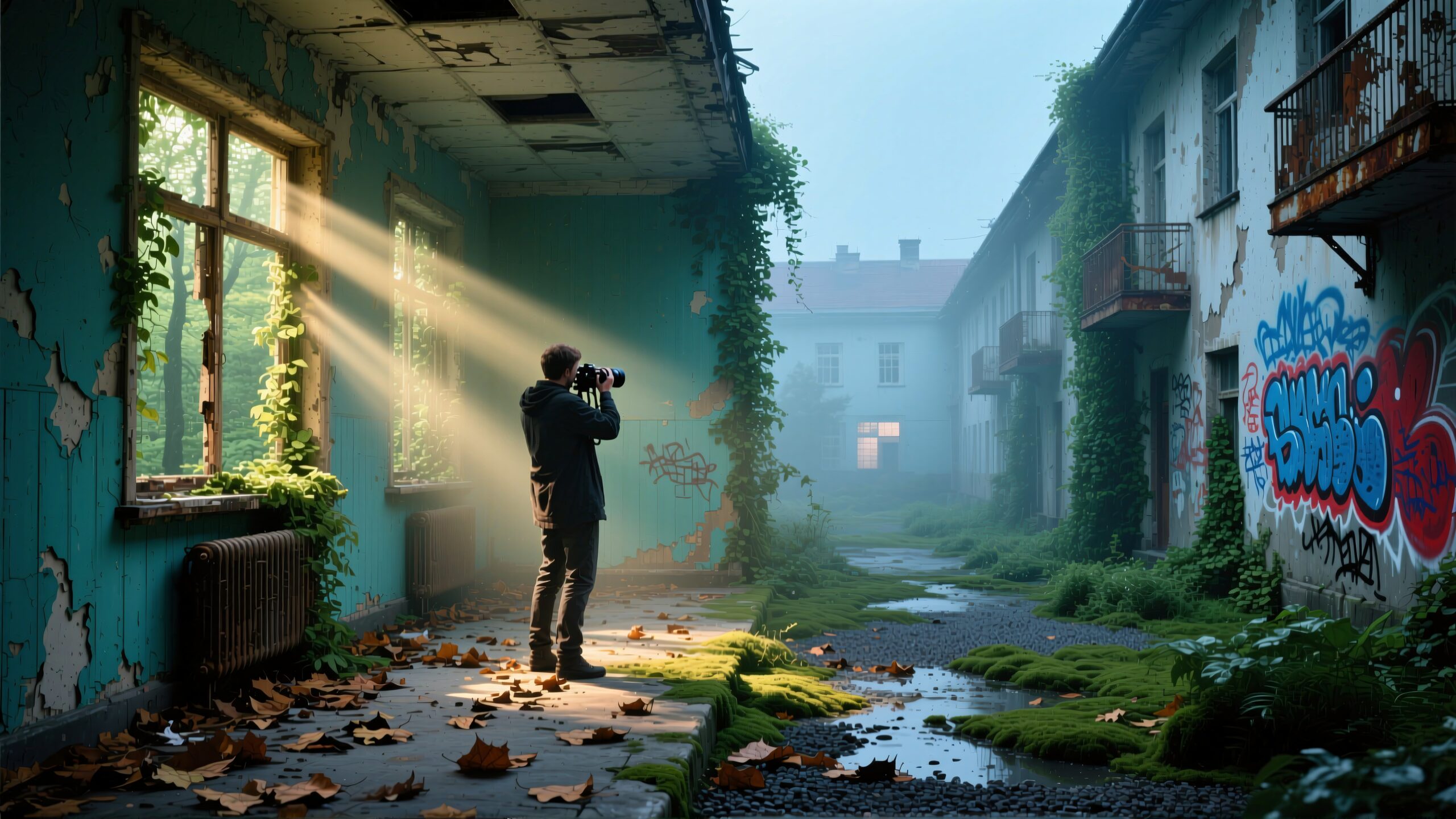 Photographer captures nature overtaking abandoned urban building.