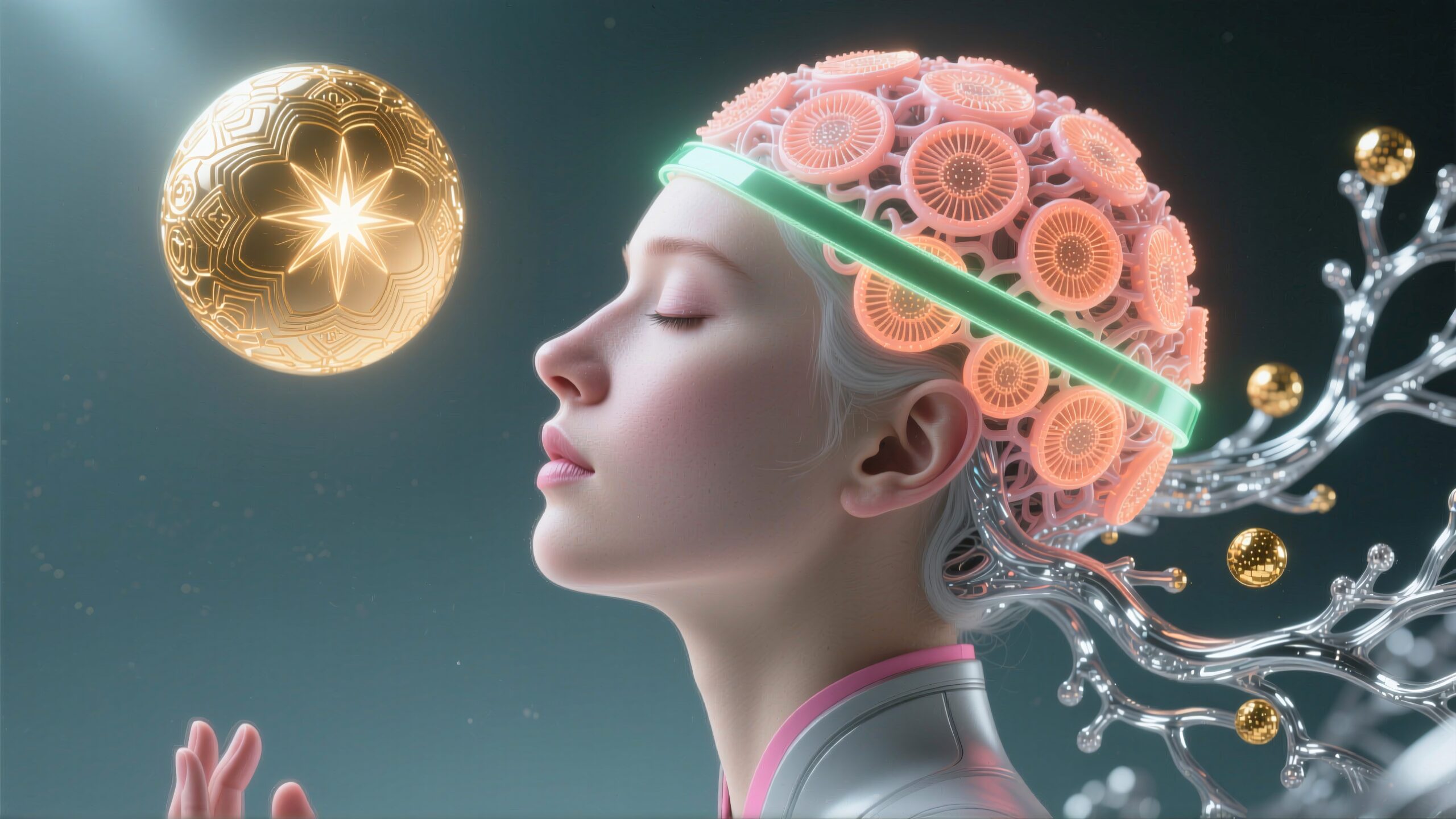 A serene woman with a futuristic gear helmet and glowing orb.
