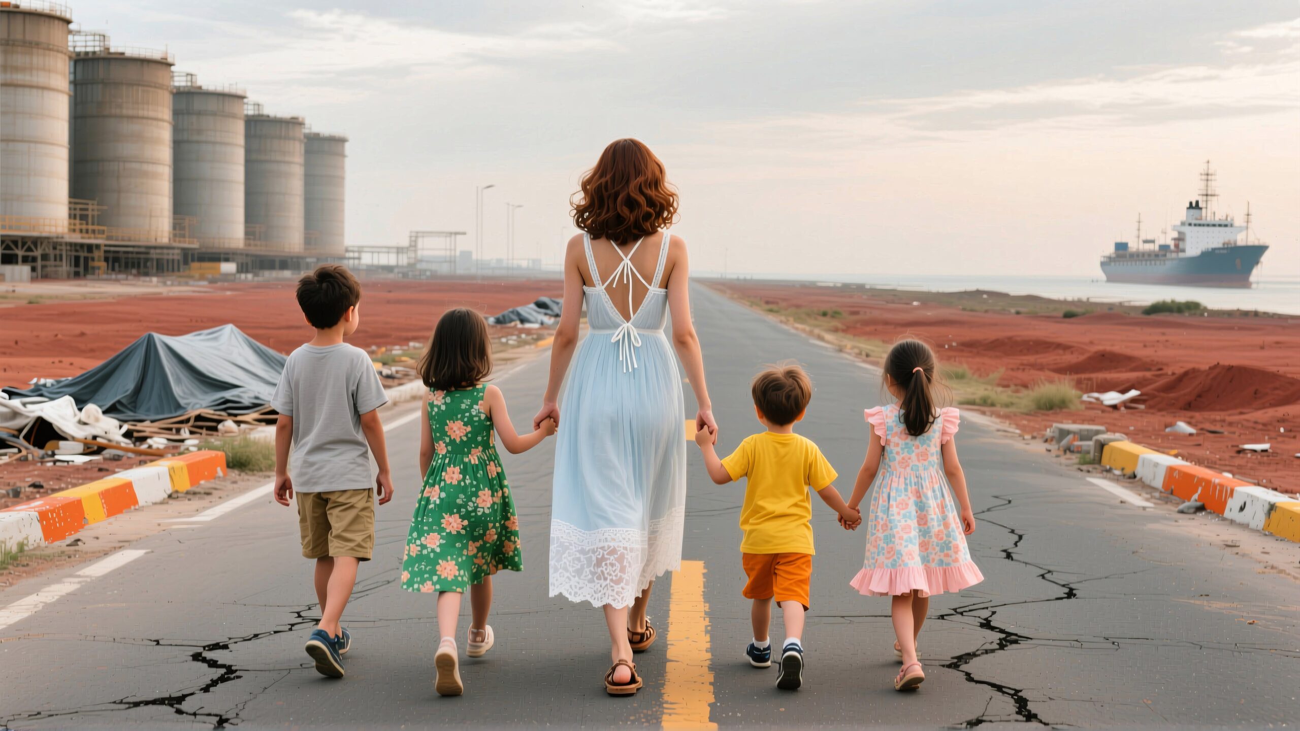 A mother and four children walk hand-in-hand down a wide road, with industrial tanks and a ship in the background.