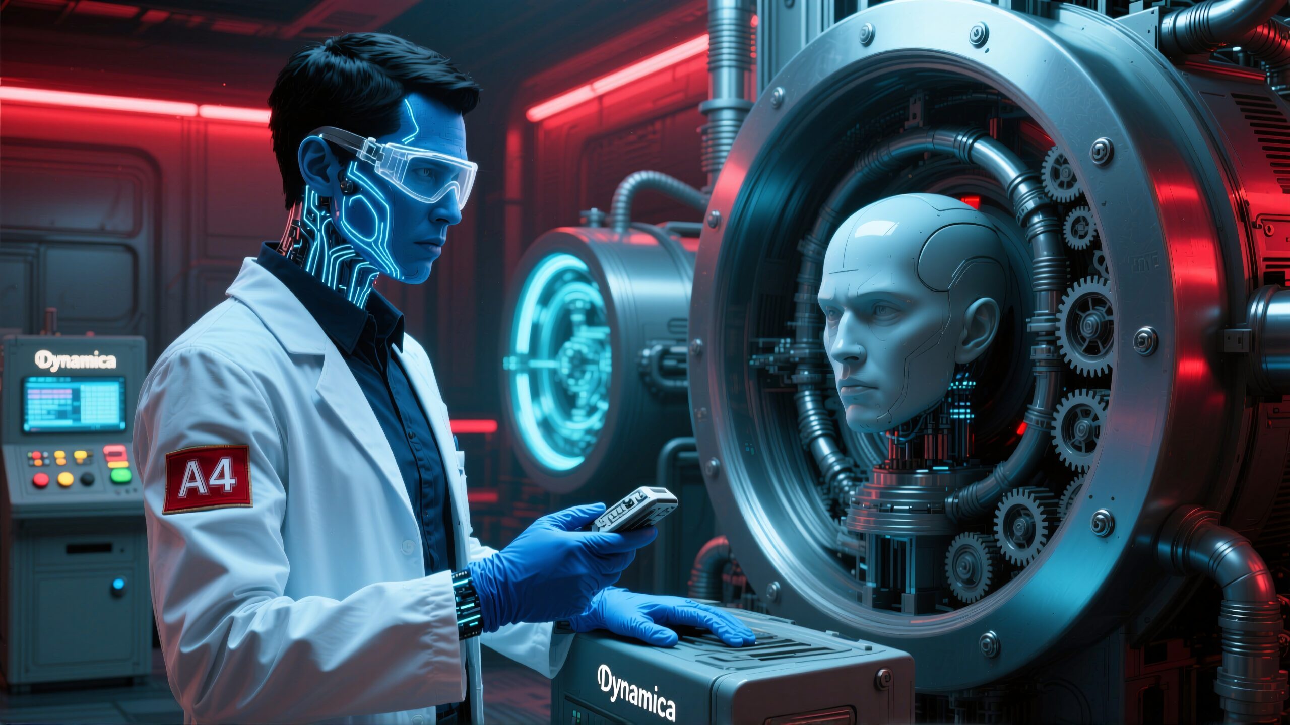 A humanoid in futuristic lab interacting with advanced machinery and a robotic face, illuminated by neon lights.