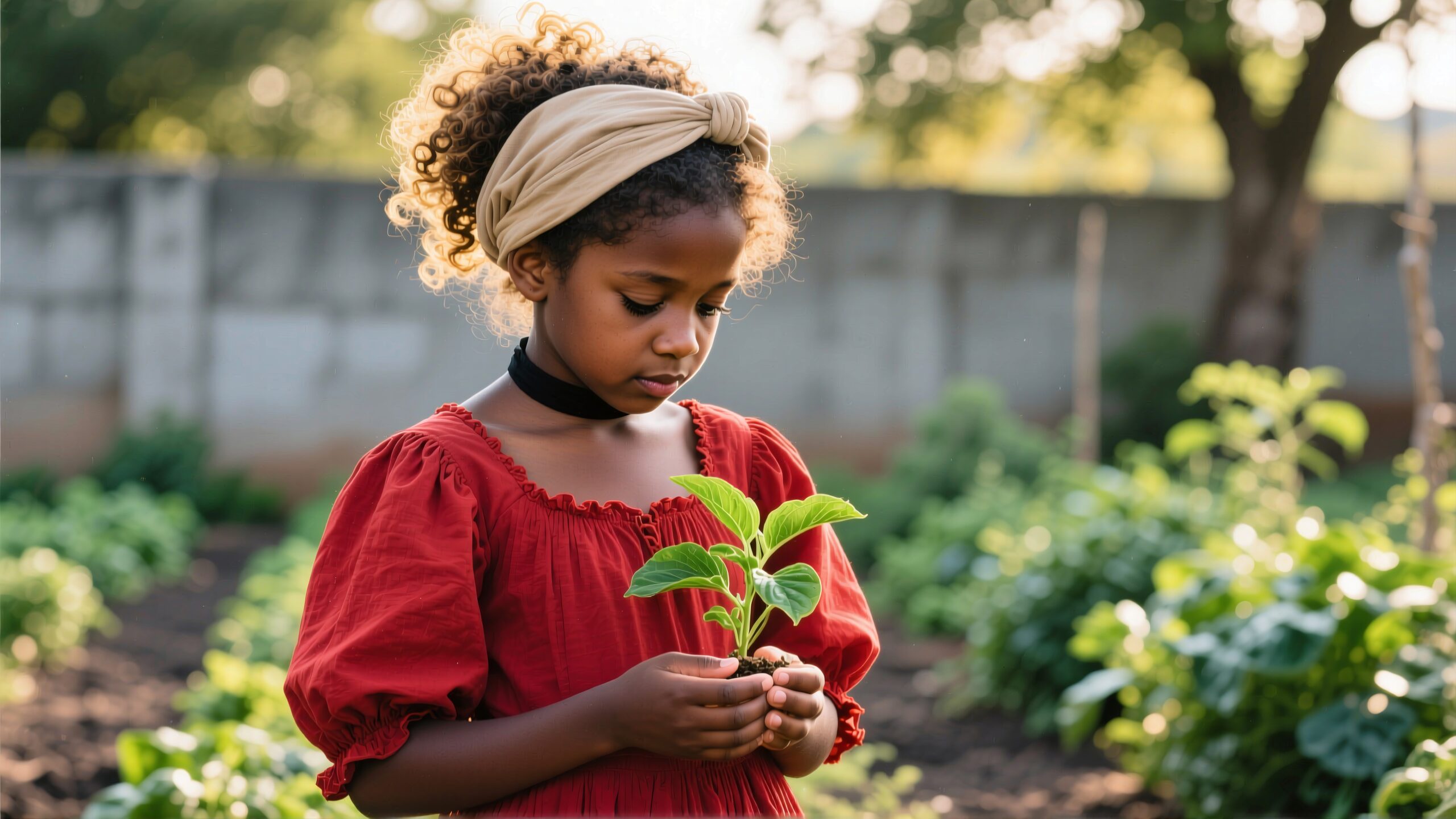 Young girl holding plant in garden, sunlight filtering through trees, serene and peaceful ambiance.