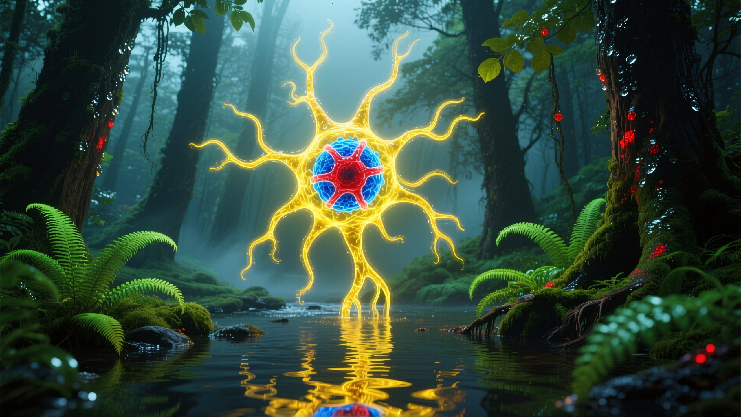 A vibrant, glowing sphere hovers above a forest stream amidst lush greenery and bioluminescent accents.