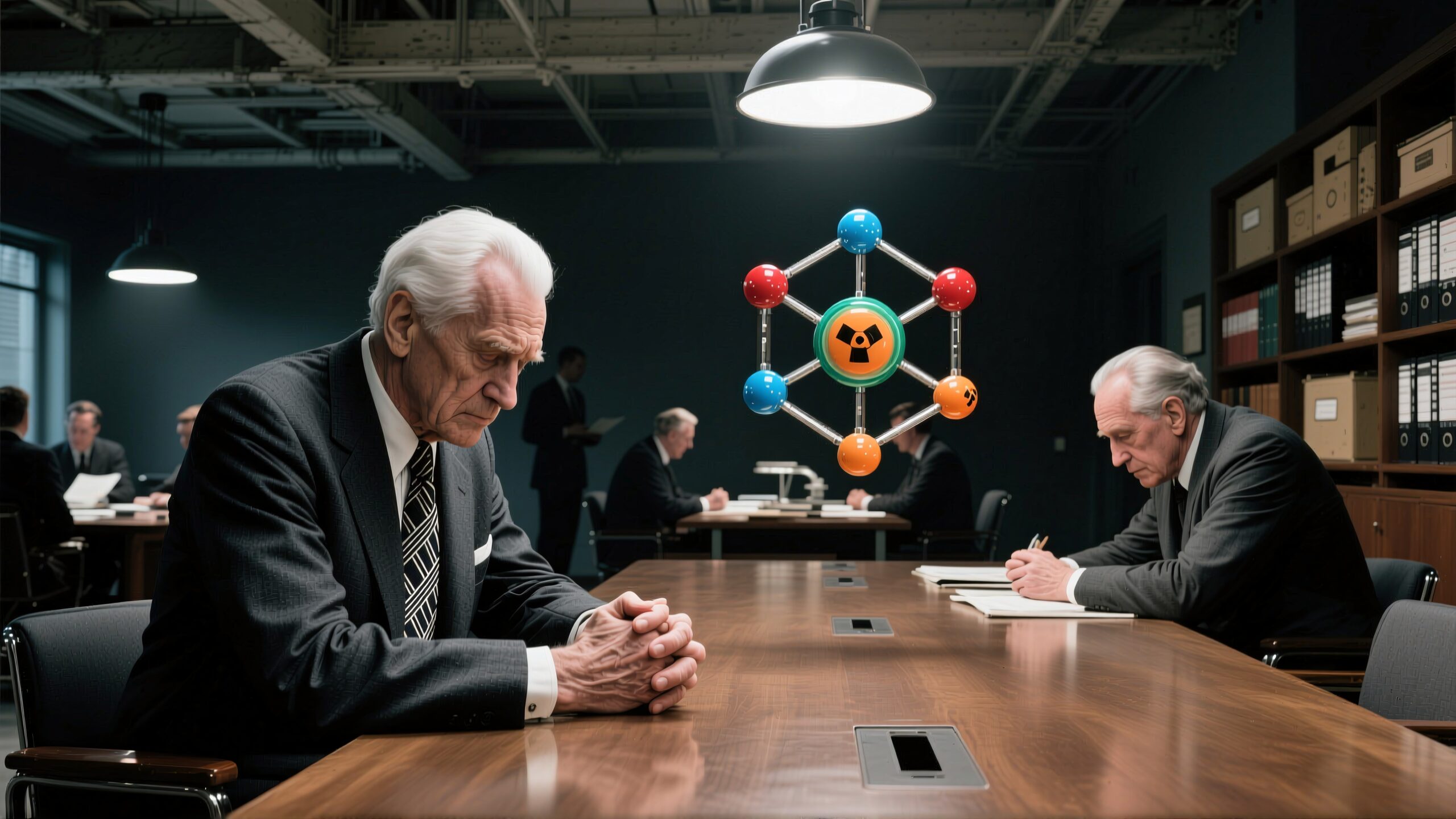 Elderly men in a dimly lit conference room examining an atomic model, with a focus on scientific discussion.
