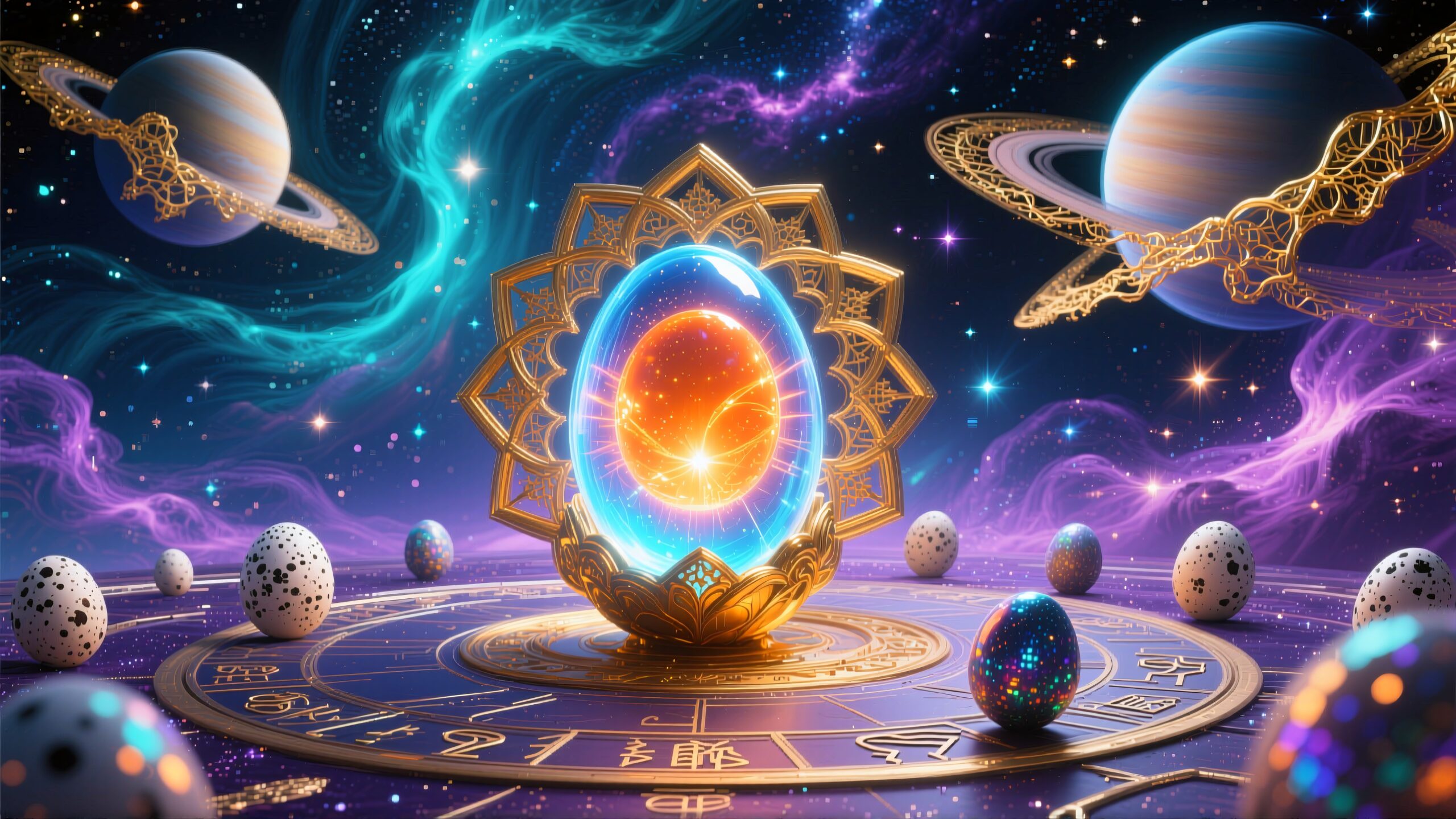 A magical cosmic scene with planets, nebulae, and a zodiac platform.