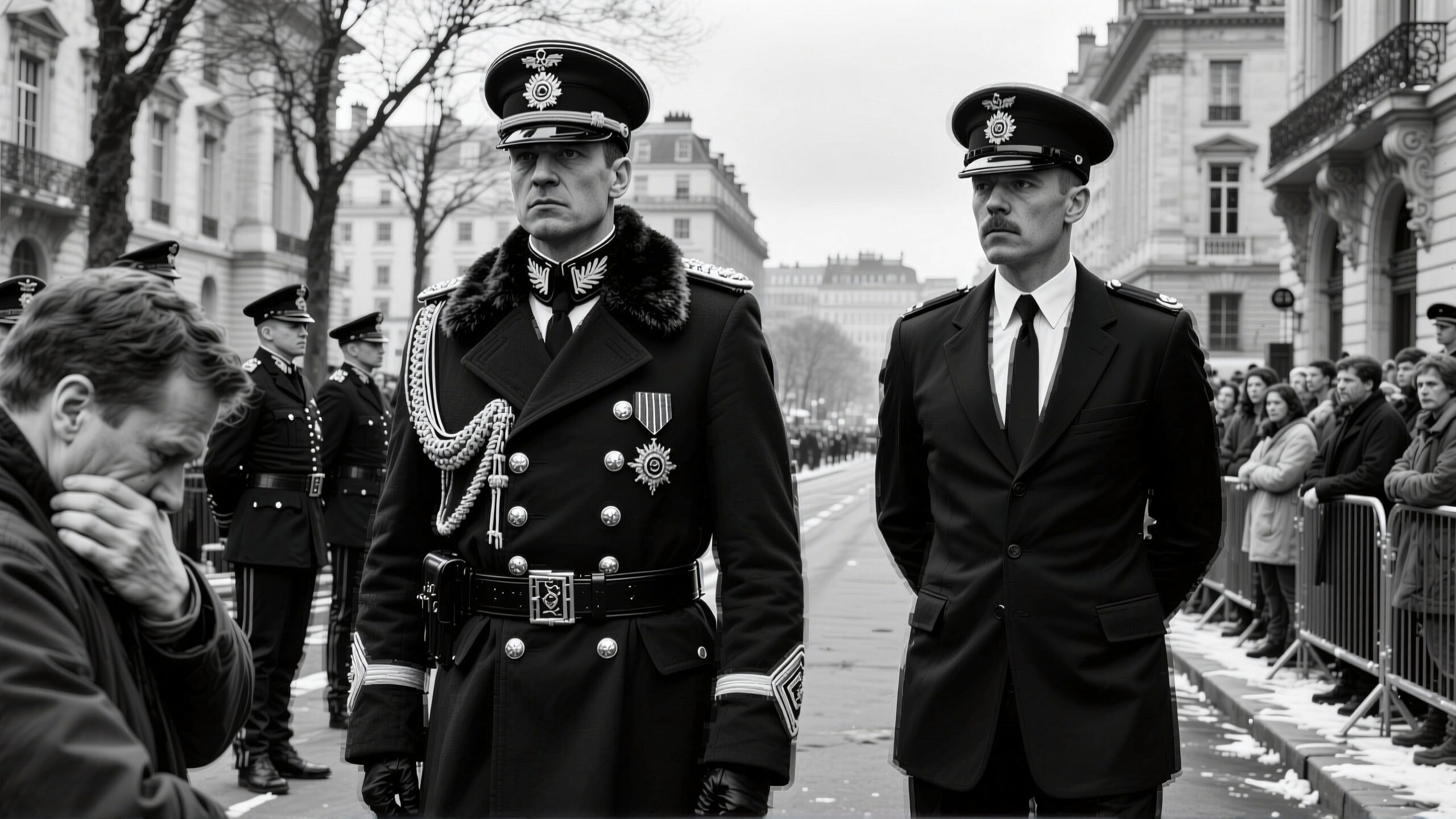 Uniformed procession on a snowy European street with onlookers.