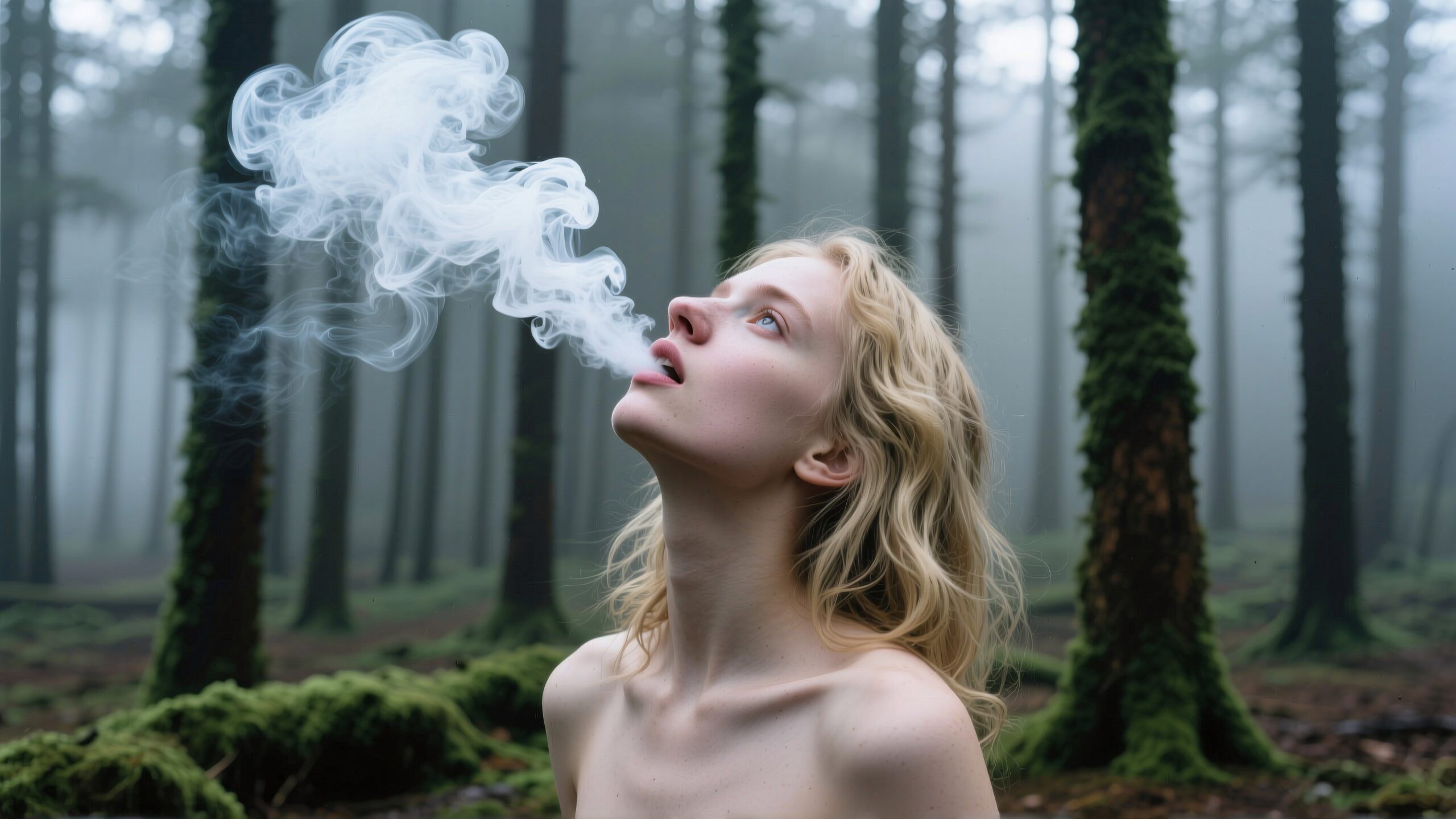 A person exhales smoke in a misty, moss-covered forest.