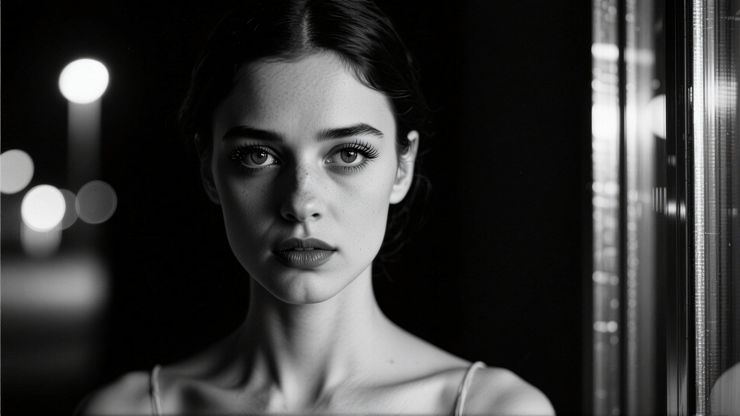 A captivating black and white portrait of a young woman with intense eyes, set against an urban nighttime background with blurred lights.