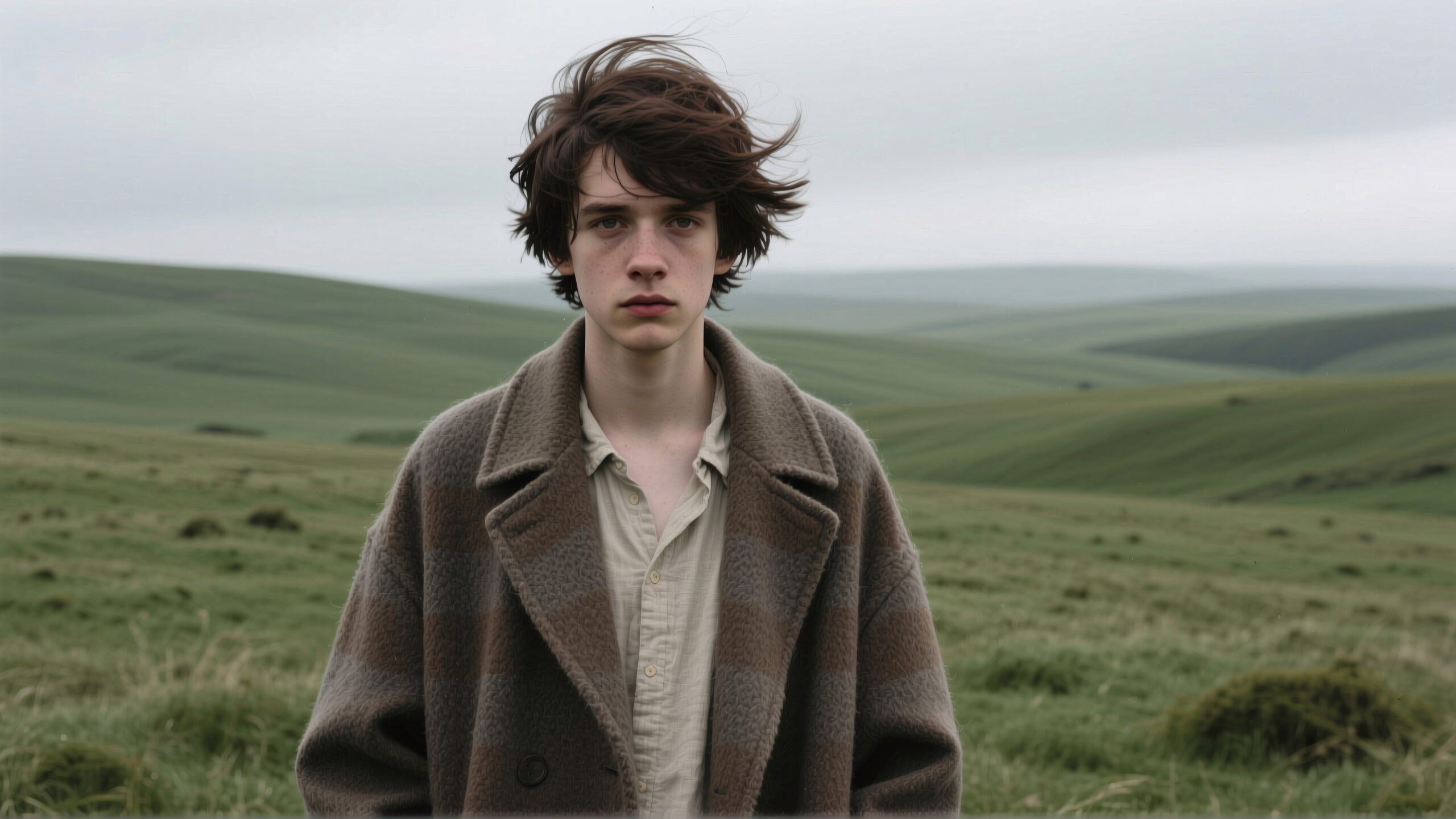 A person stands in a windswept hilly landscape under an overcast sky, wearing a coat.