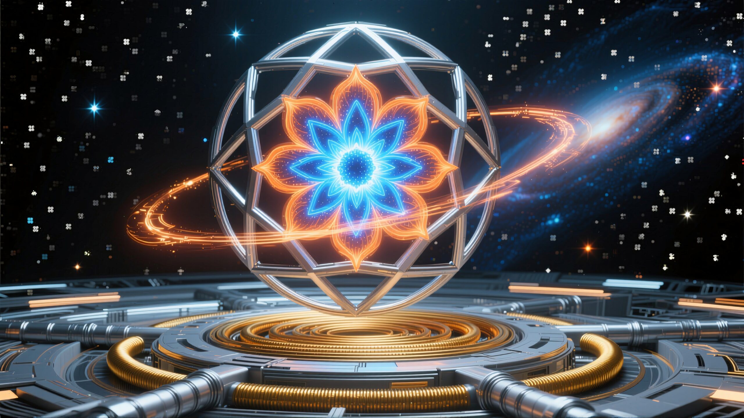 Futuristic energy structure with galactic backdrop.