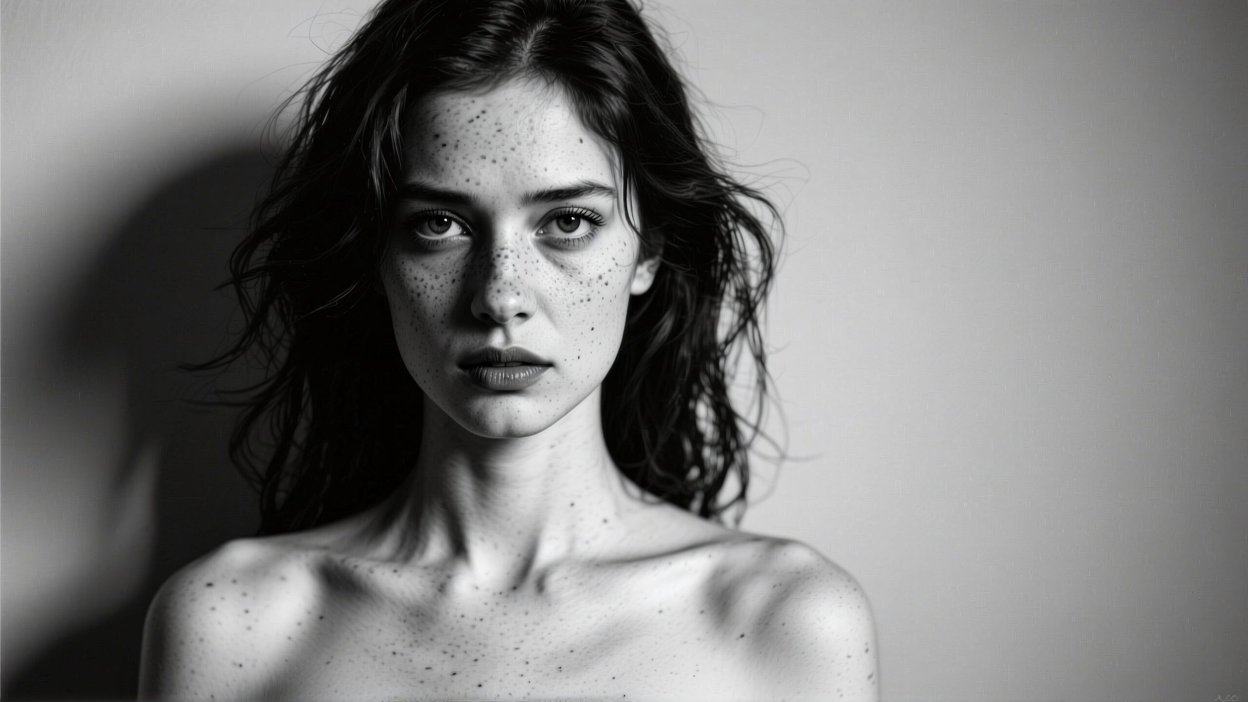 A captivating black and white portrait of a woman with freckles, intense gaze, and flowing hair.