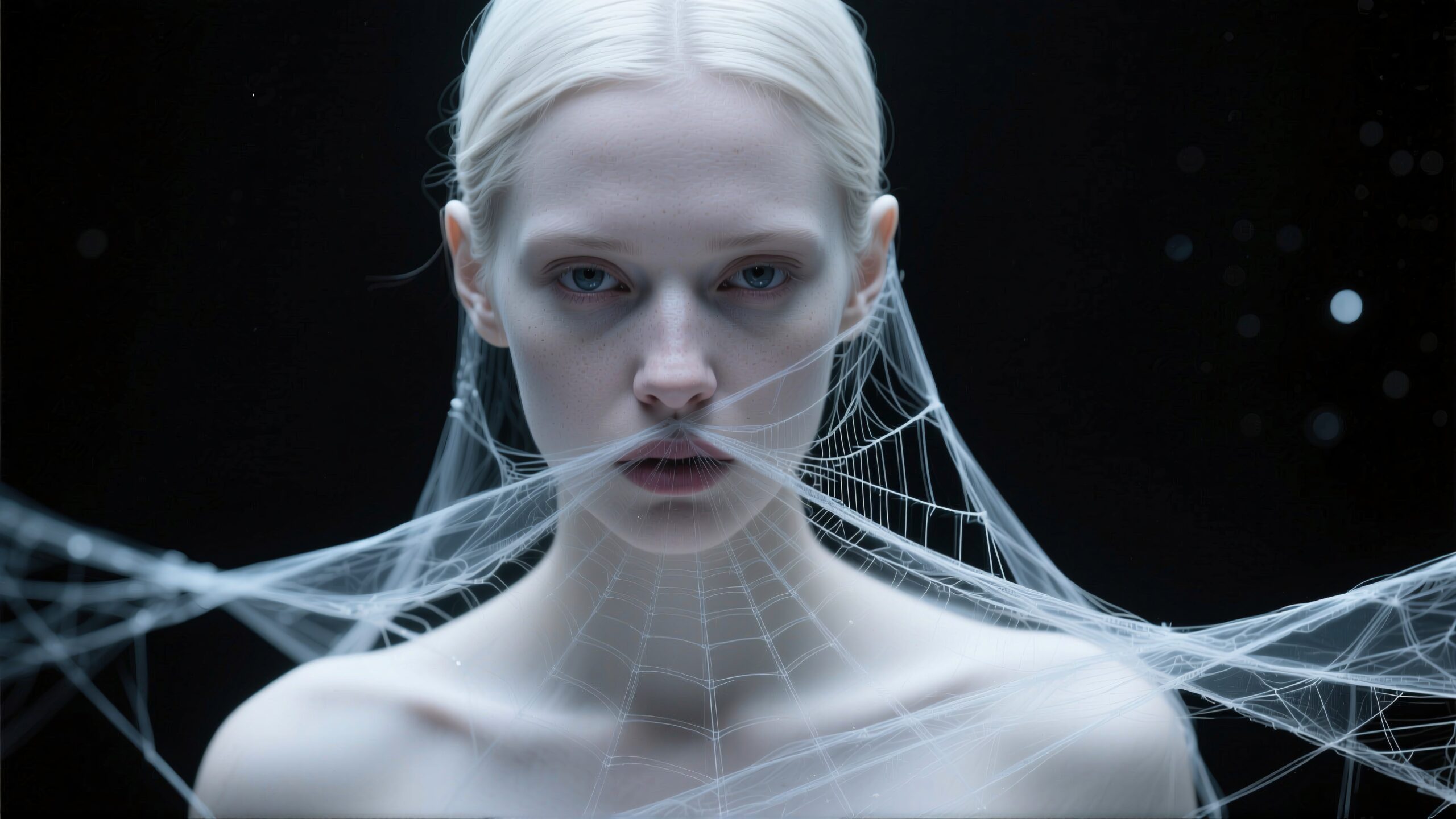 A serene portrait featuring delicate spiderwebs draped over a person's face.