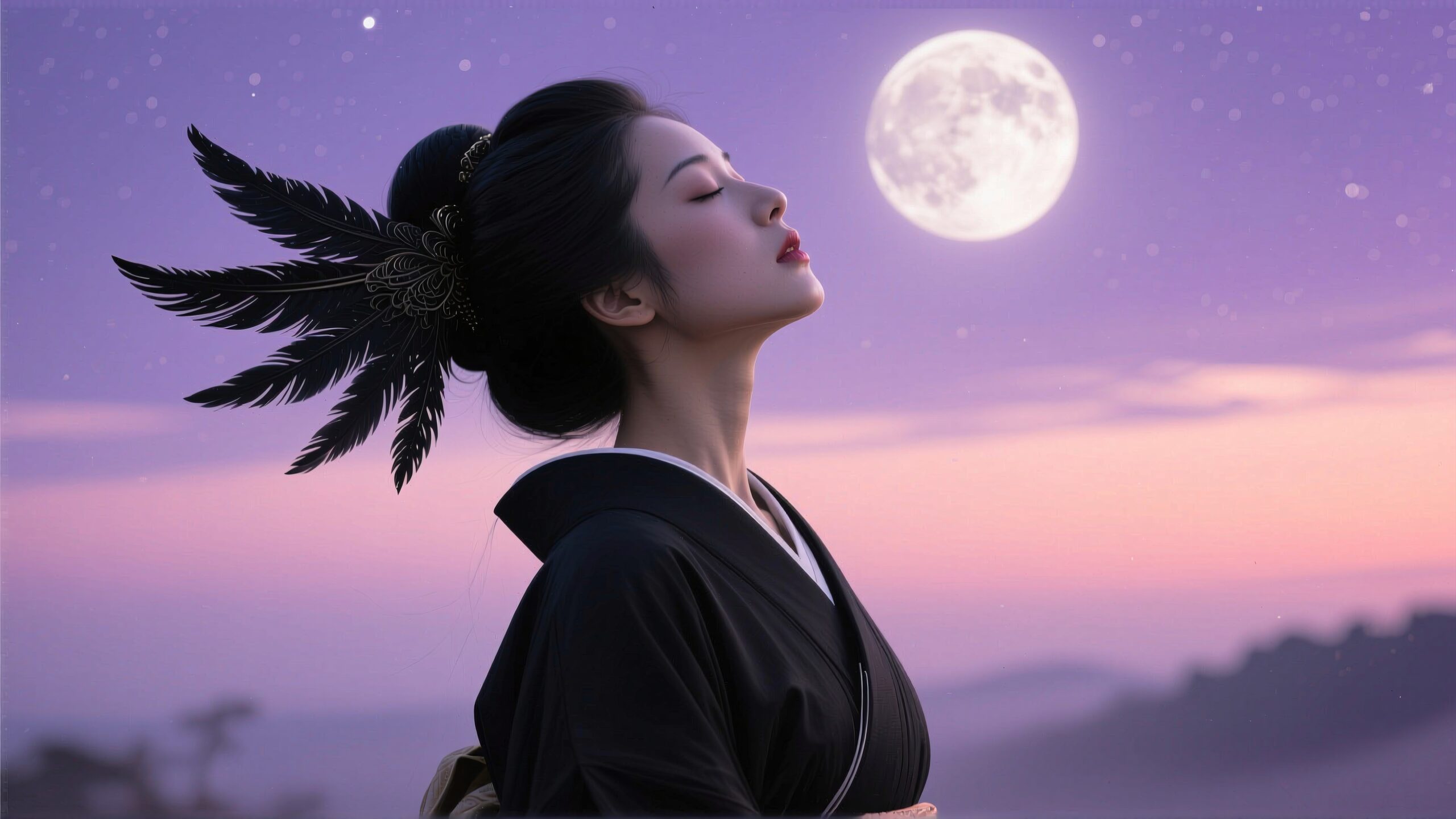 Woman in traditional attire under moonlit sky.