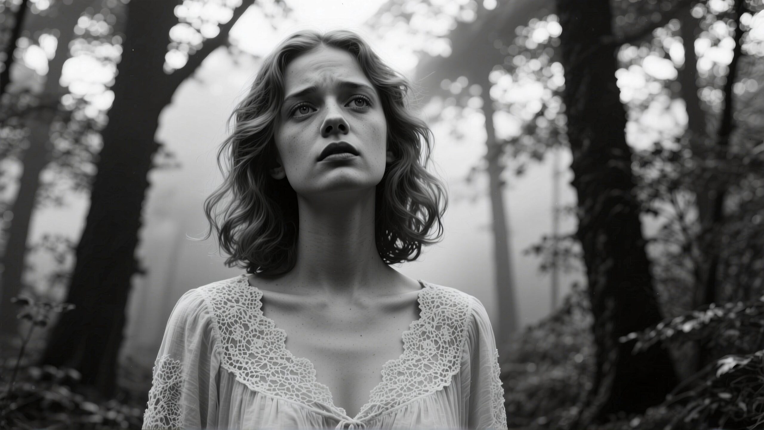 A woman stands in a misty forest, her expression conveying deep emotion in a black and white scene.