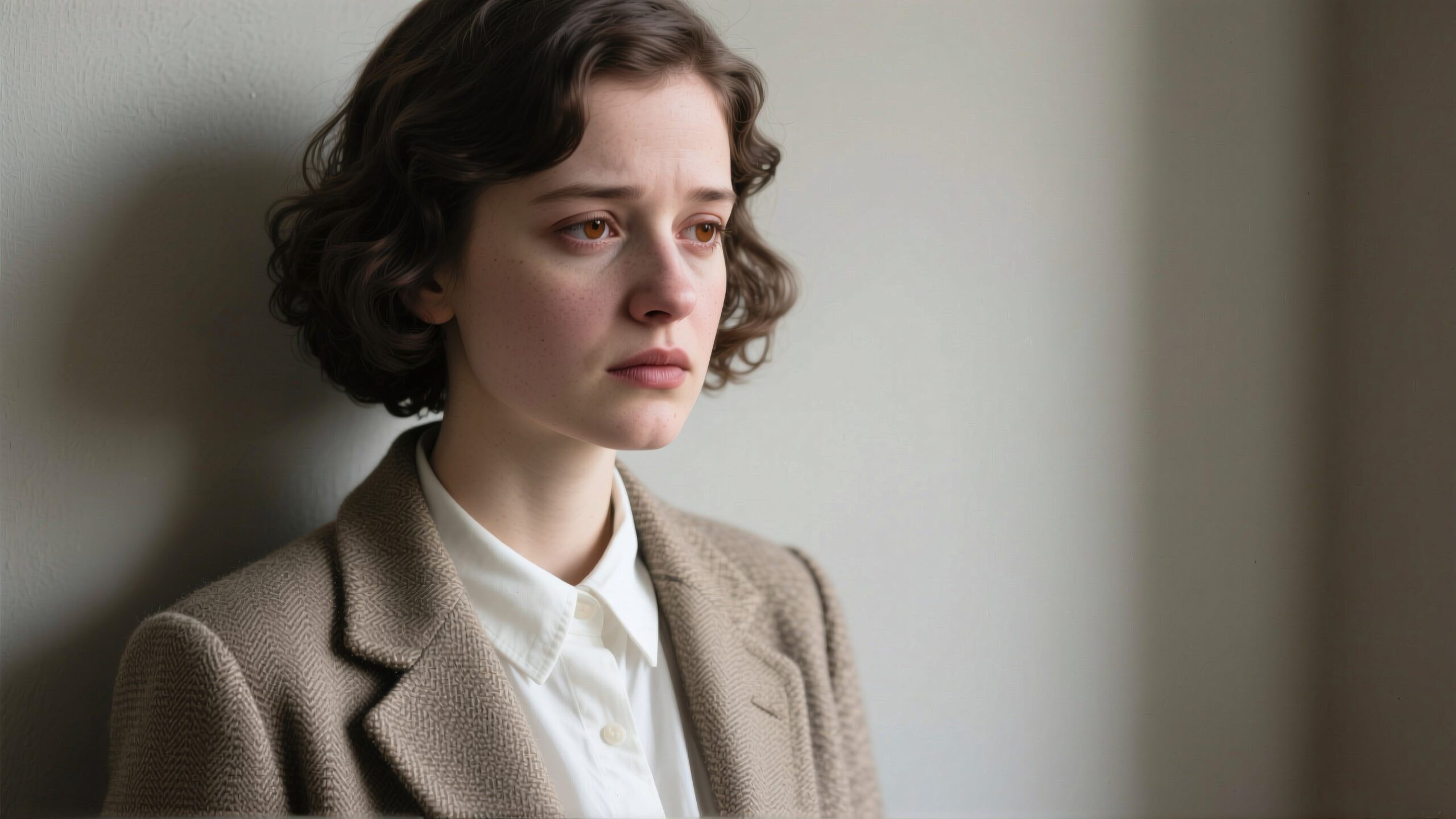 A young woman in a beige blazer and white shirt gazes thoughtfully into the distance against a light background.