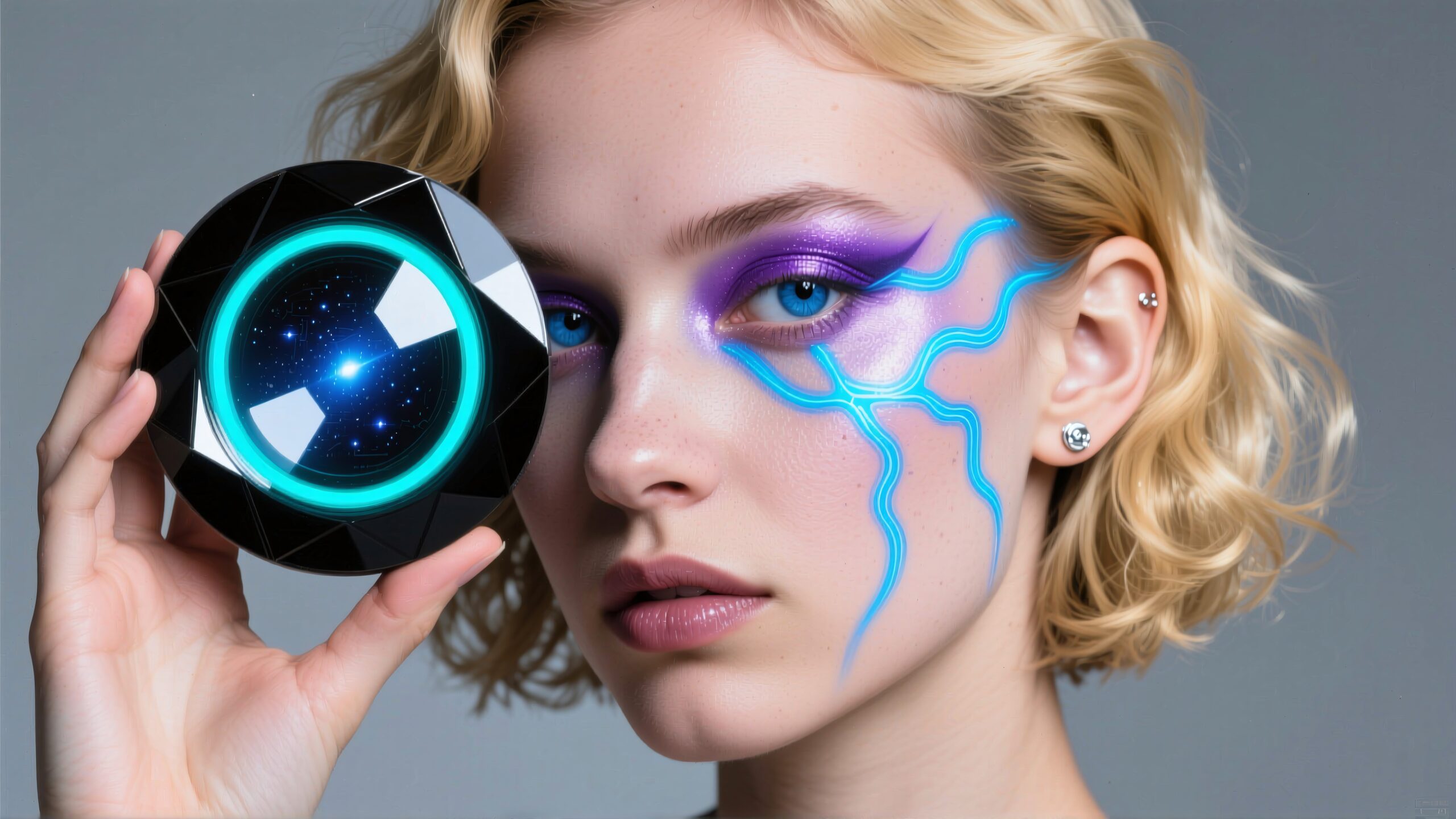 A woman with futuristic makeup holding a glowing orb.