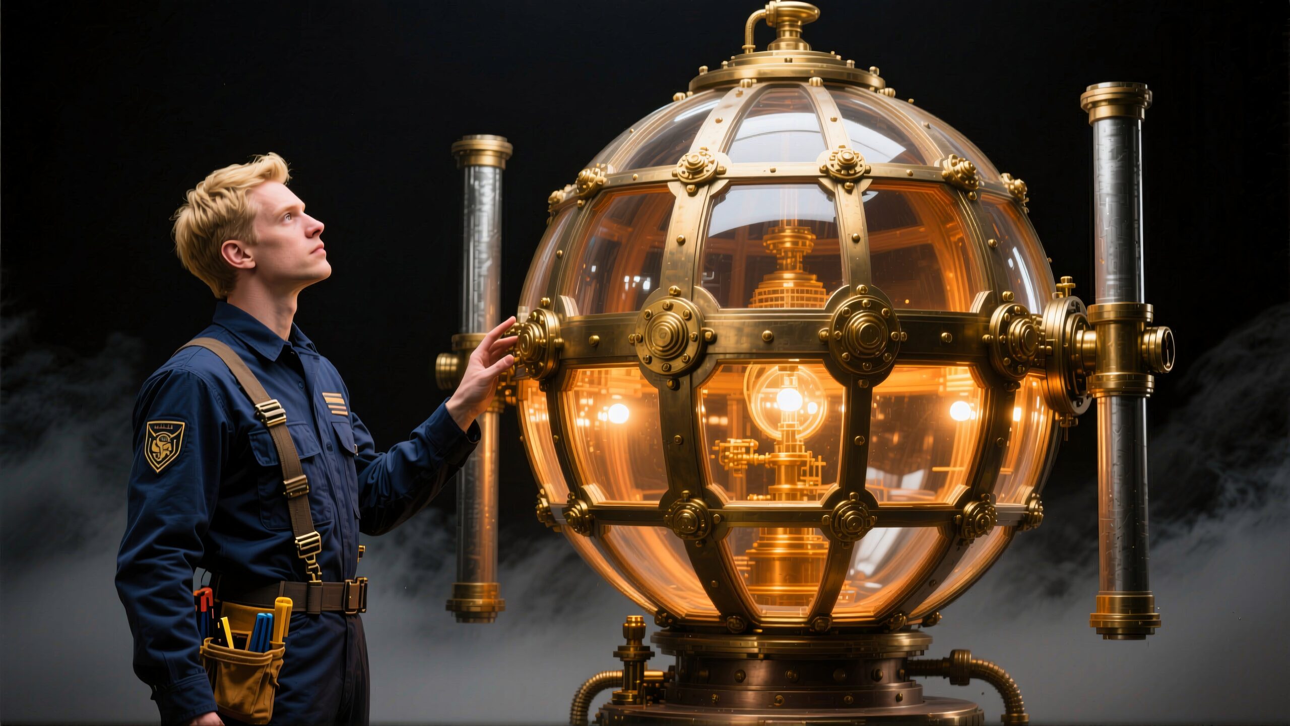 A young engineer examines an intricately designed steampunk sphere emitting a warm, glowing light.