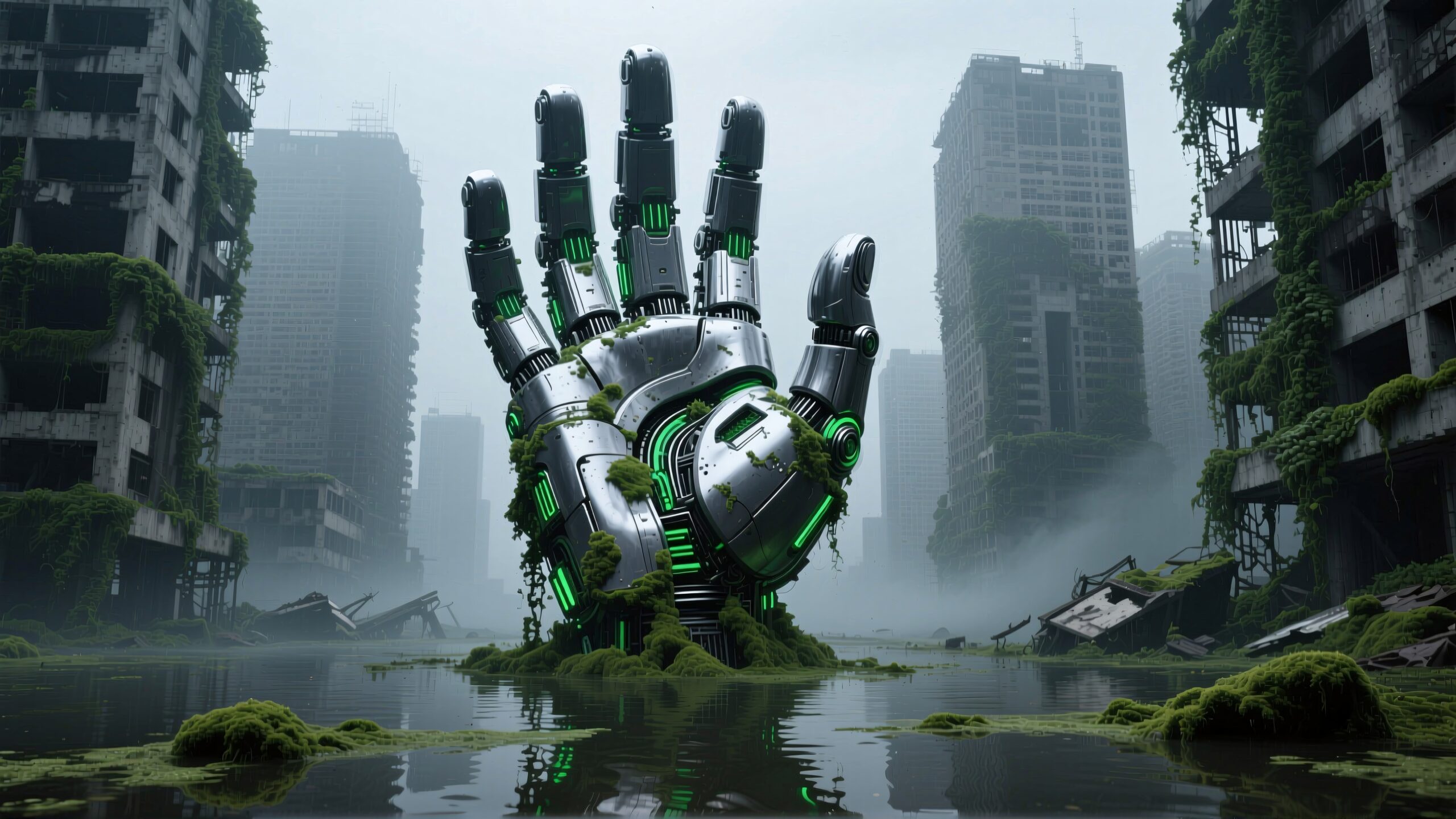 An enormous robotic hand emerges from a foggy, overgrown urban ruin, blending technology with nature.