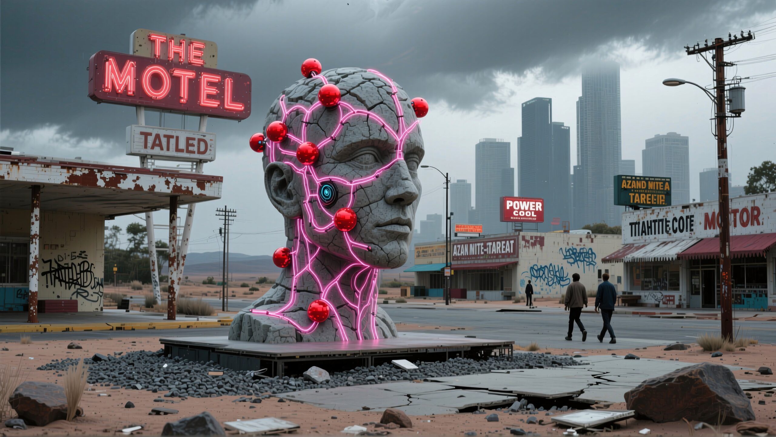 Surreal futuristic sculpture in desolate urban landscape.