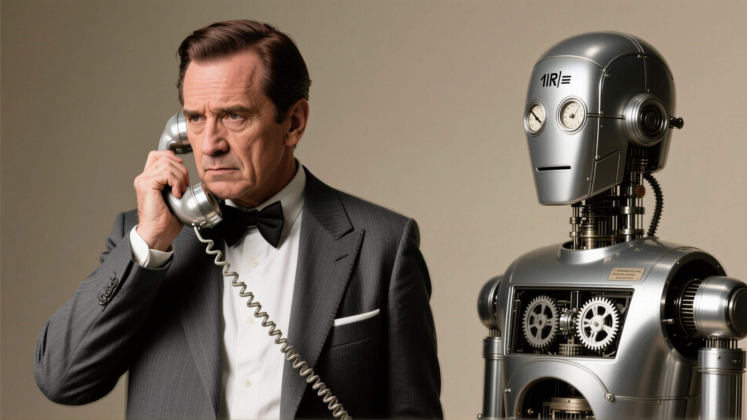 Man in suit with robot companion.