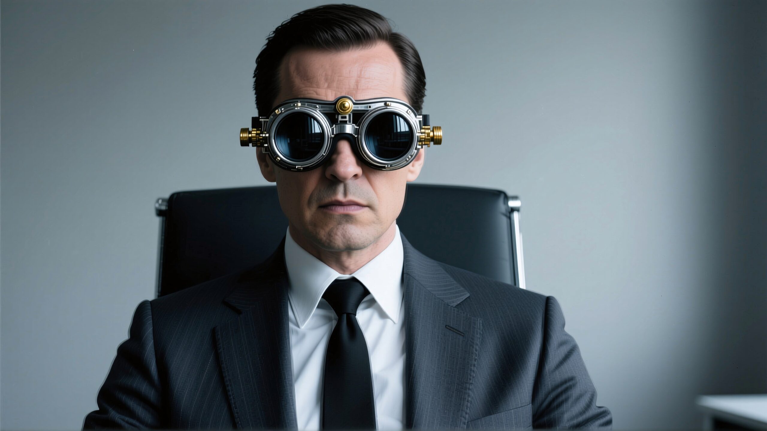 A businessman wearing unique steampunk goggles sits in an office, blending traditional and futuristic styles.
