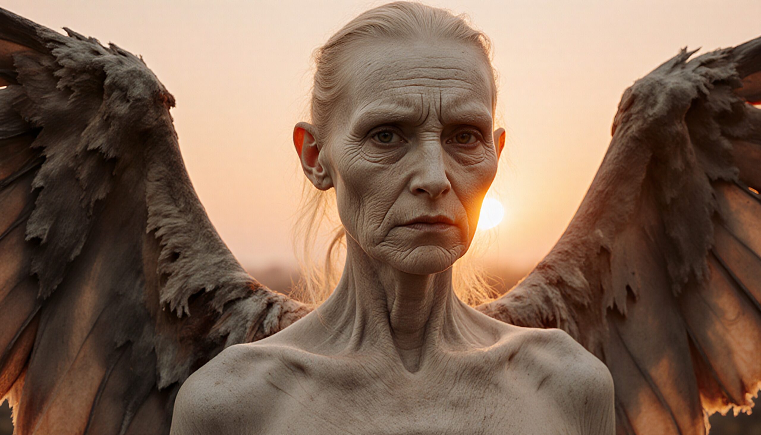 A wise, elderly figure with angelic wings stands under a setting sun, their majestic presence enhanced by the warm glow.