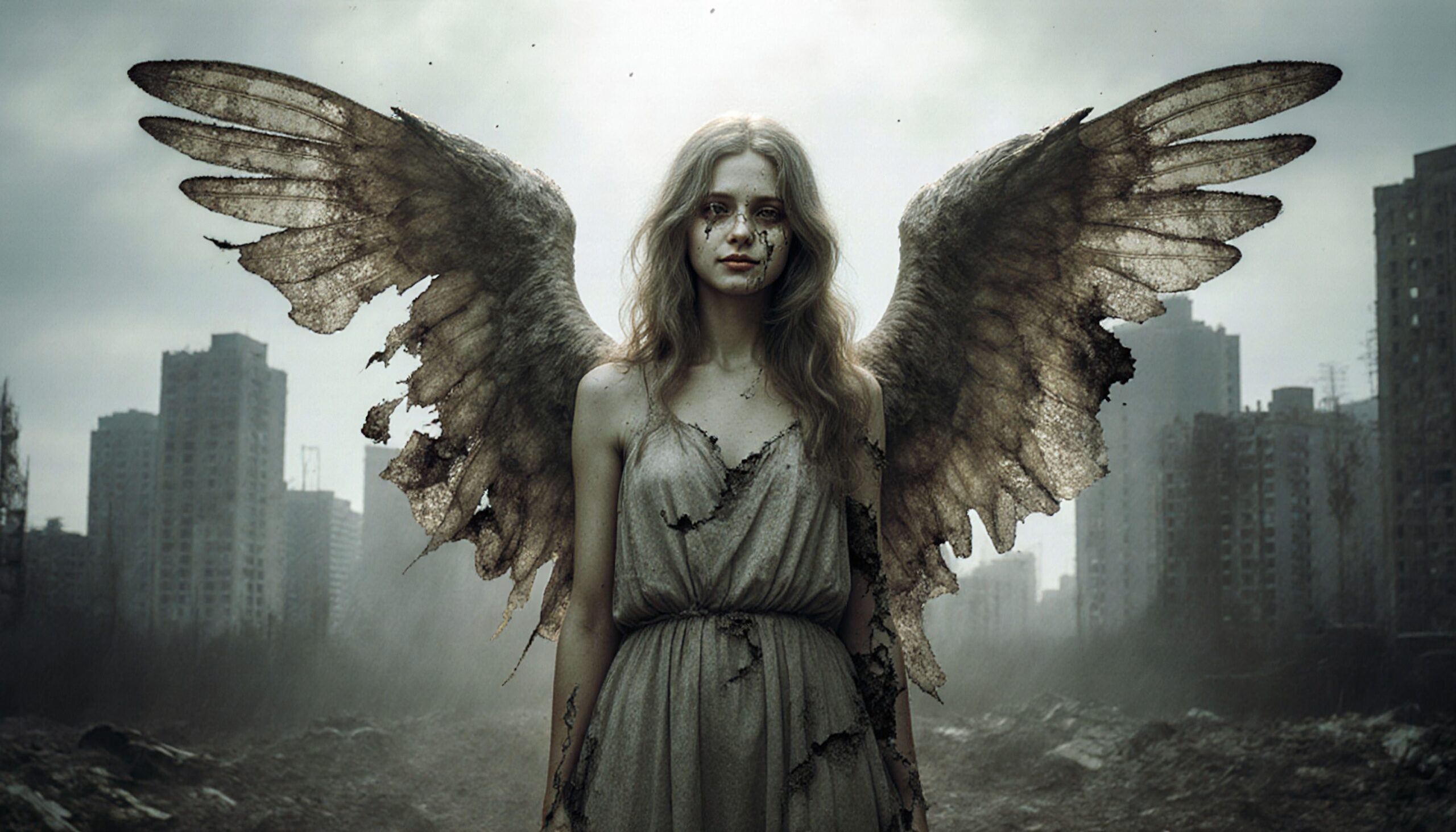 A mysterious figure with tattered wings stands in a desolate urban landscape, exuding an eerie, post-apocalyptic atmosphere.