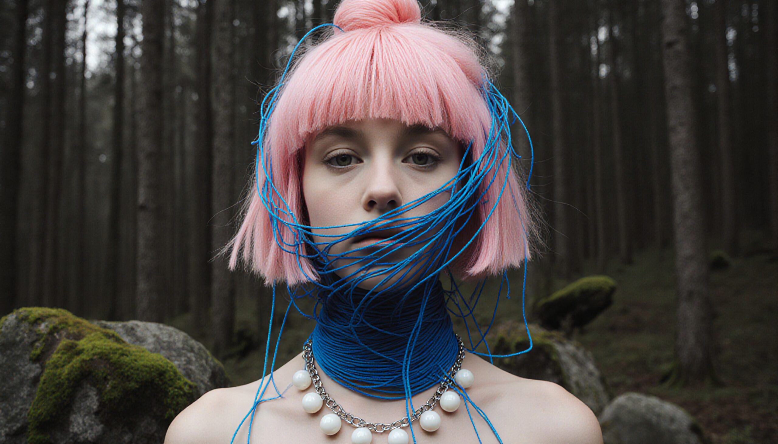 A person with pink hair and a blue string in a mysterious forest setting.