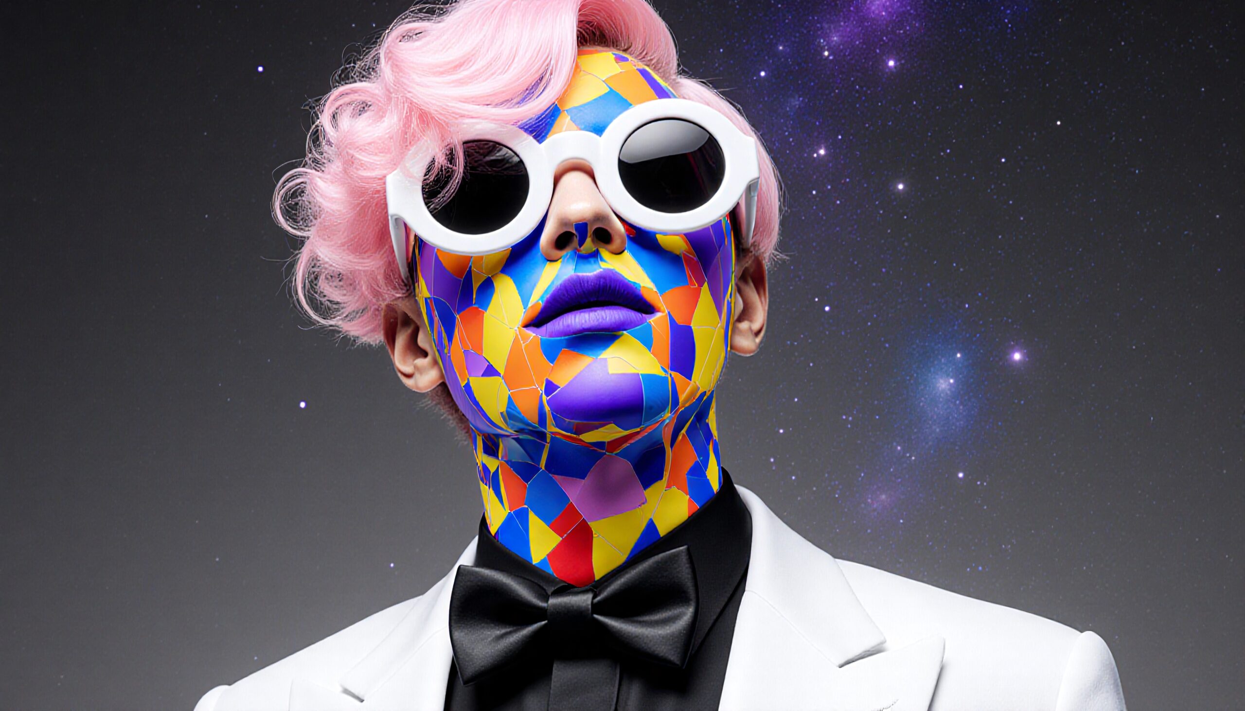 A person with colorful mosaic face paint and pink hair, wearing a white tuxedo, against a cosmic starry background.