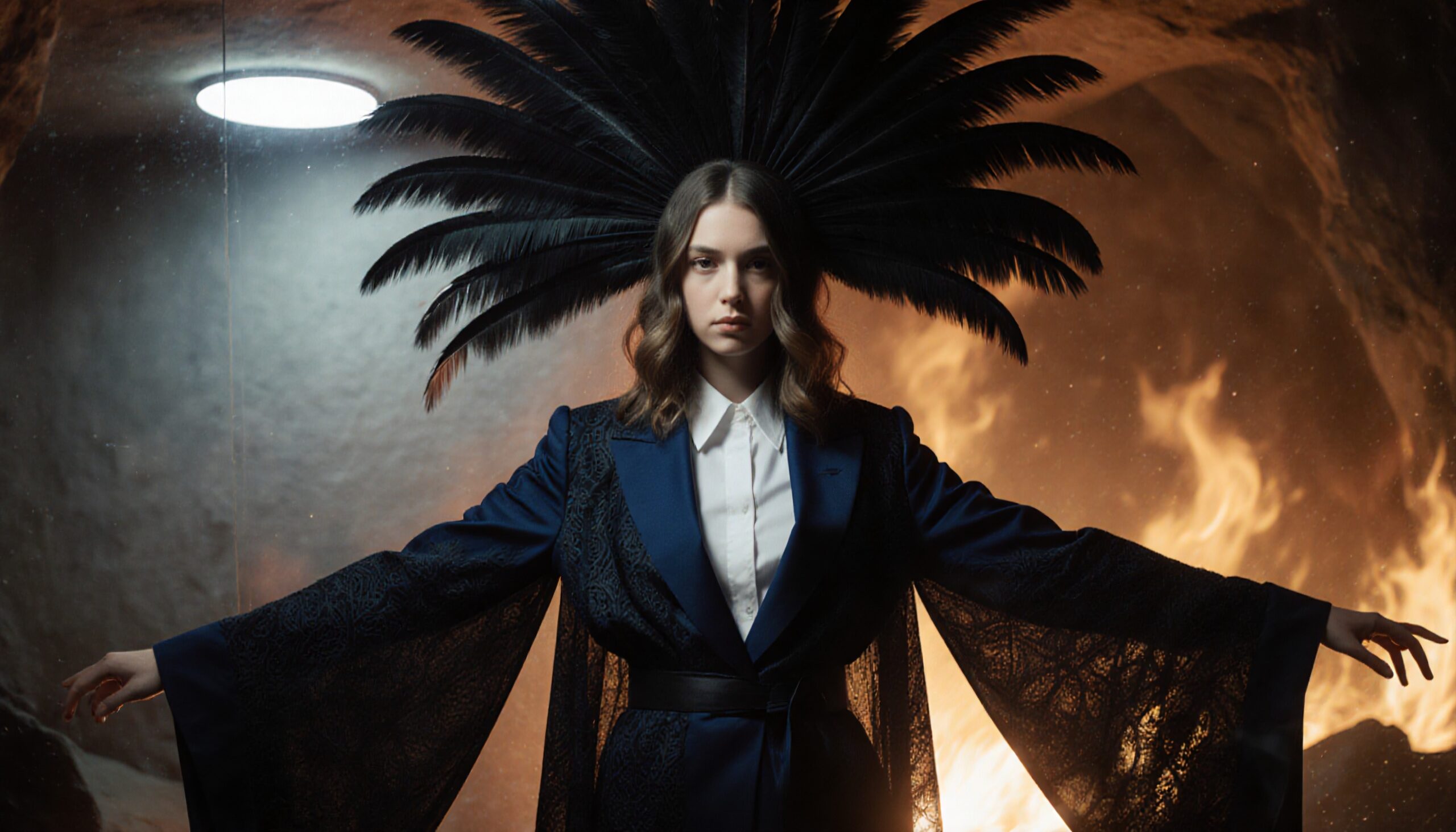 Woman in blue with feather headdress stands confidently against a fiery background, creating a striking and powerful image.