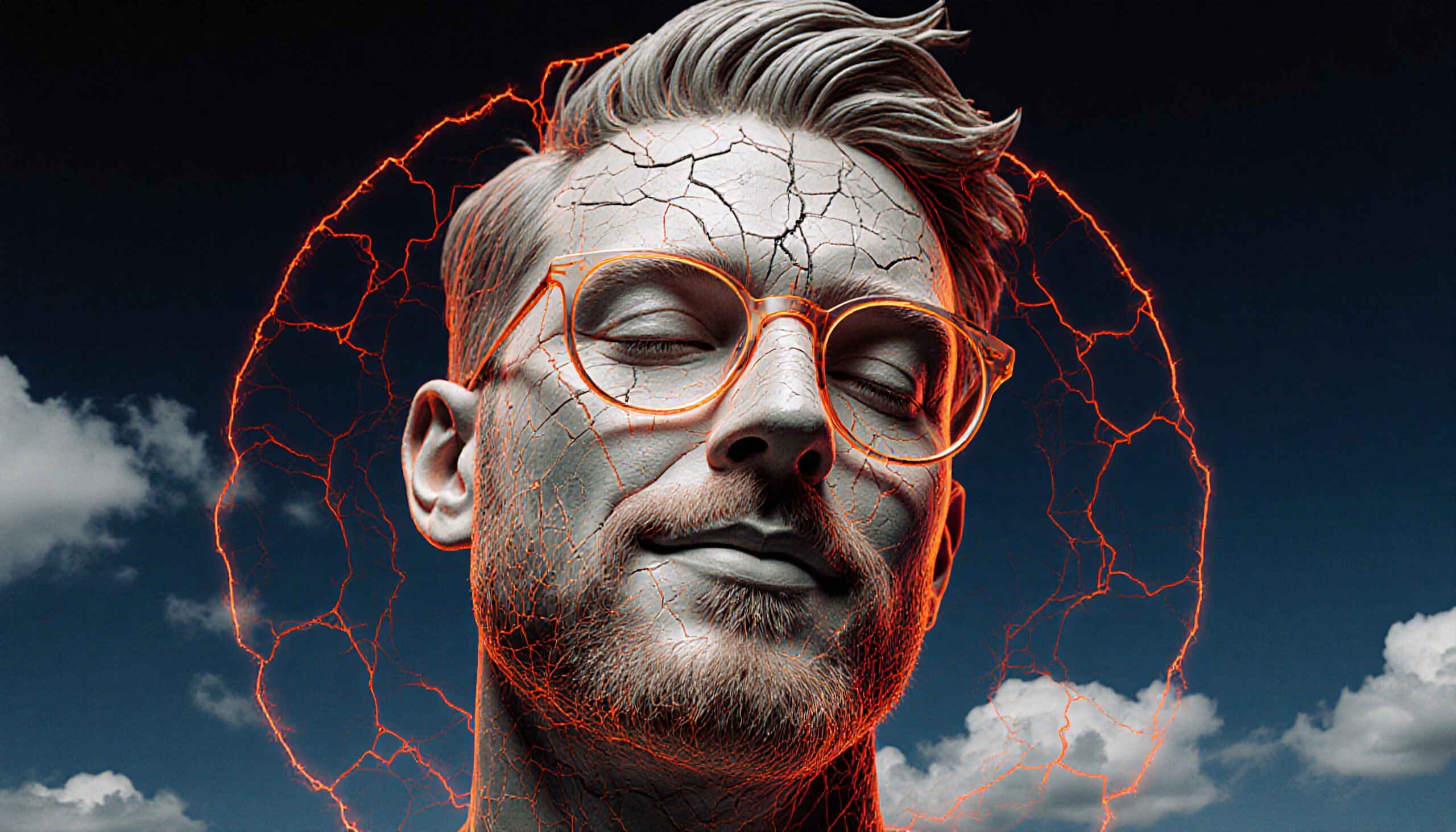 Surreal portrait of a man with cracked skin and orange glasses against a vivid sky.