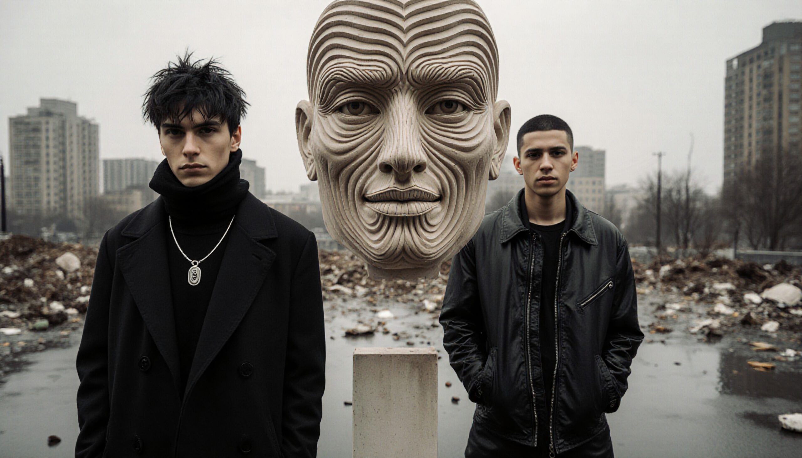 Two young men and sculpture in gritty urban landscape.