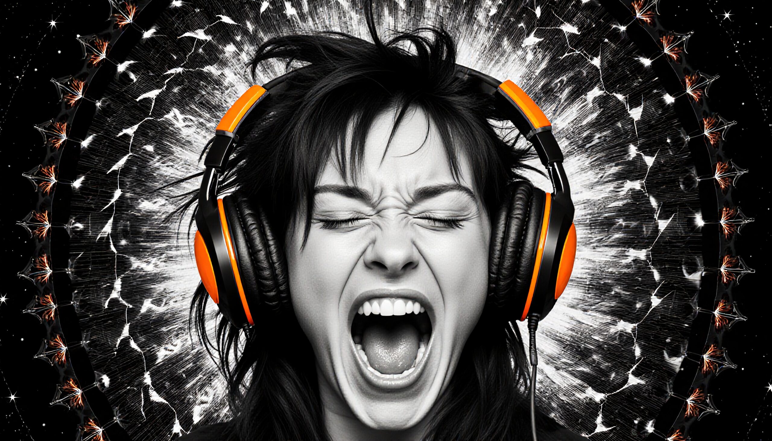 A person with orange headphones passionately expressing with eyes closed against a starburst background.
