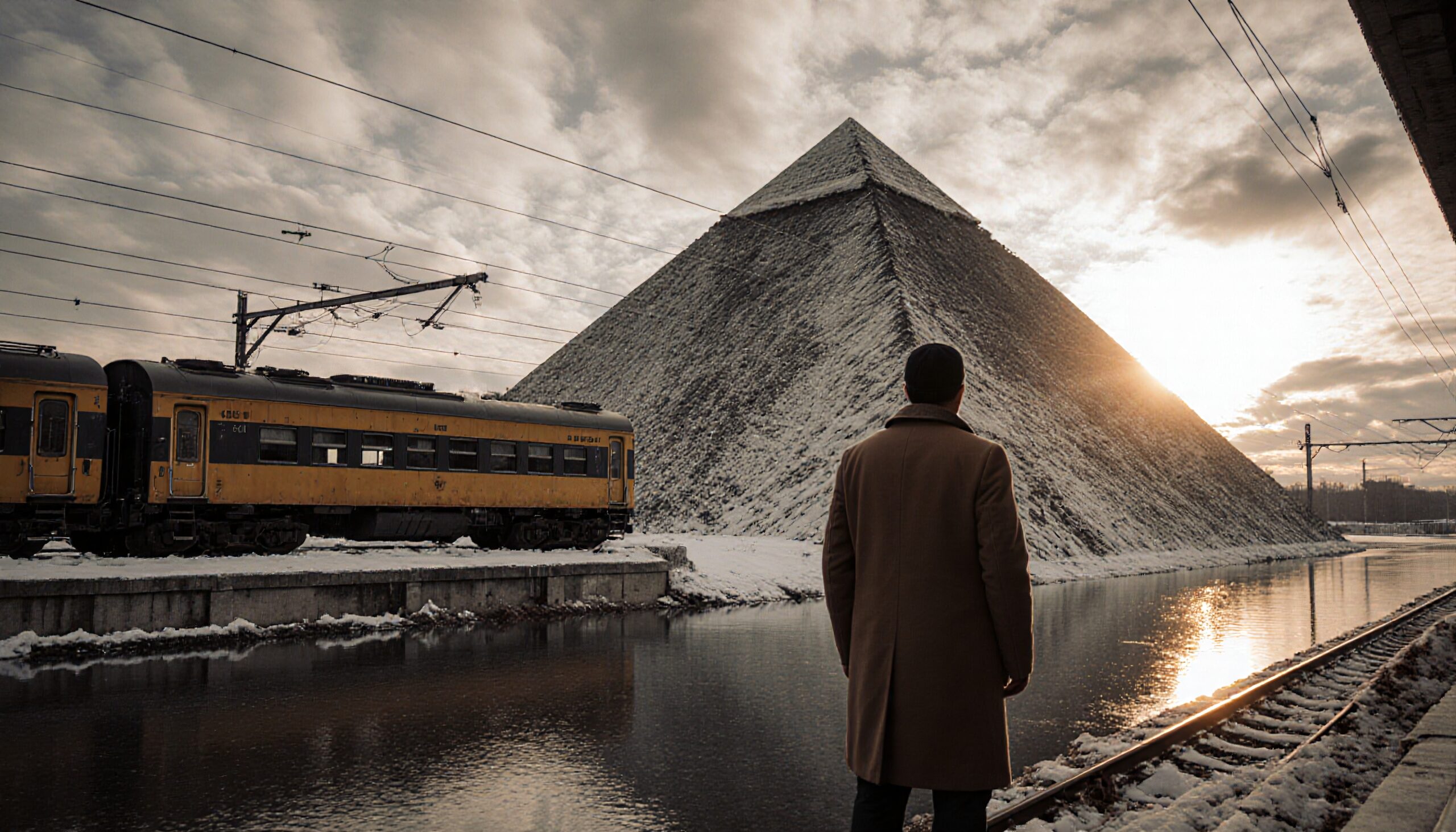 A man stands on a snowy platform near a yellow train, gazing at a snow-covered pyramid during sunset.
