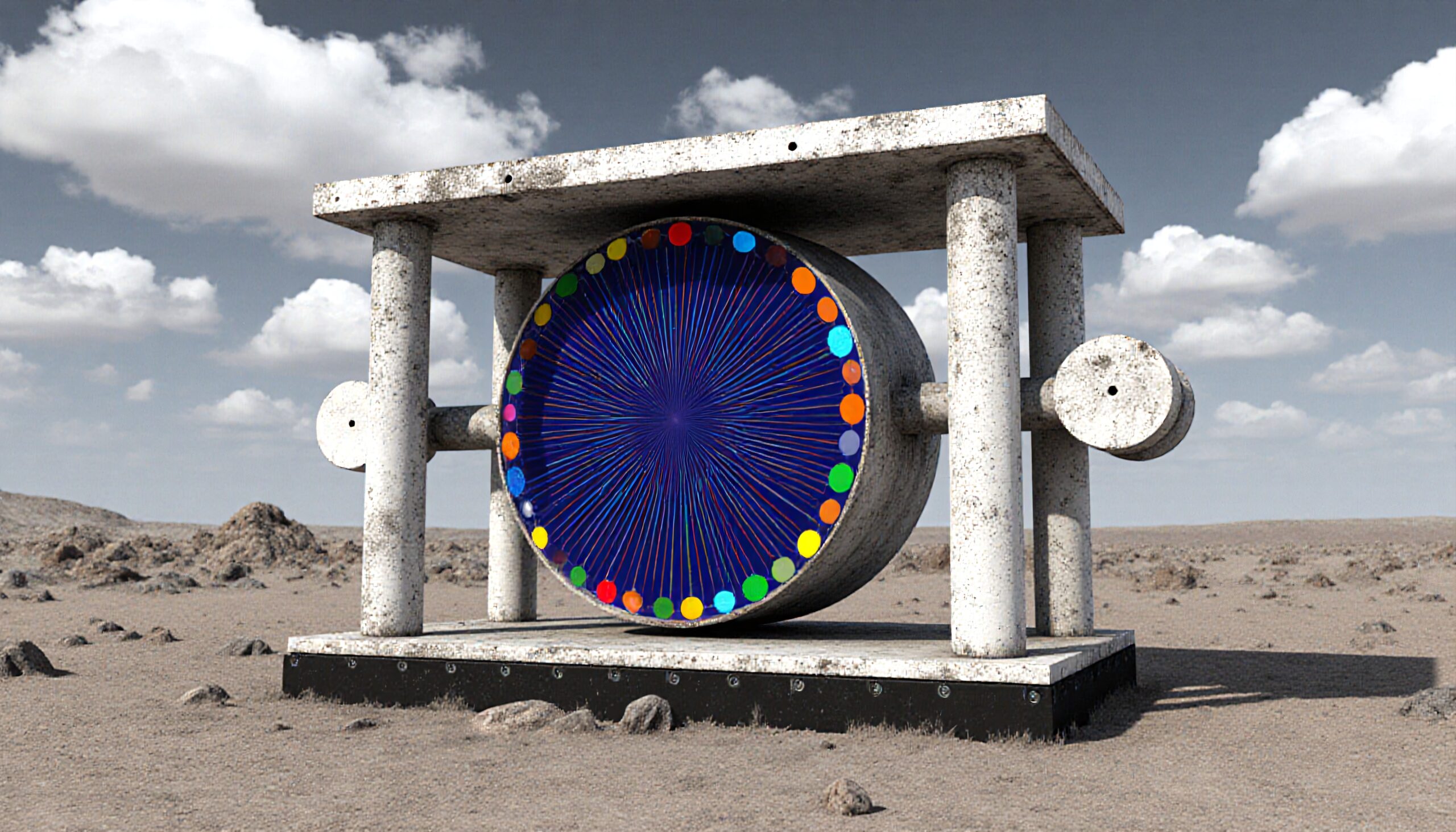 Stone sculpture in a desert landscape with colorful circular design and cloudy sky.
